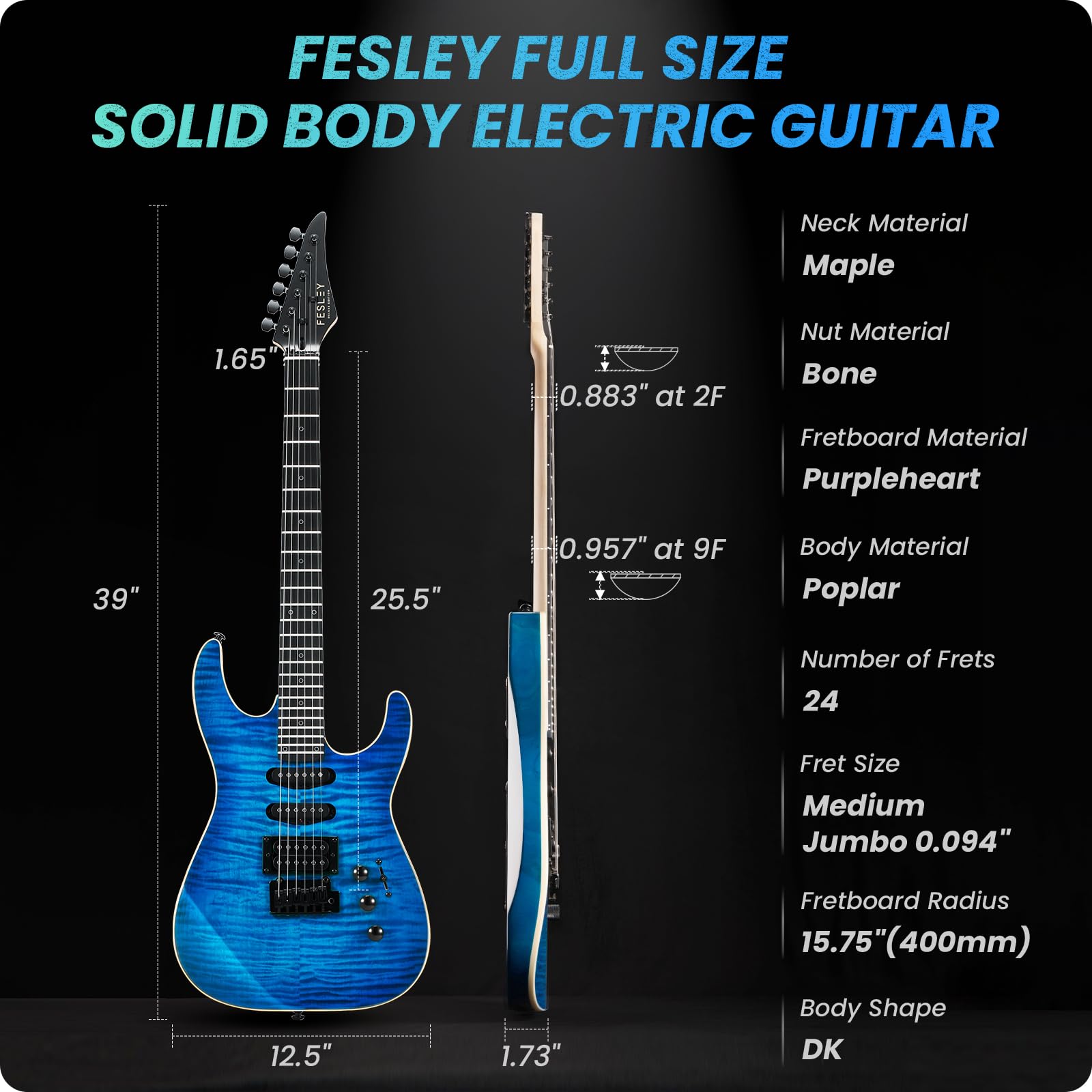 Fesley X 39'' Solid Body Electric Guitar: Electric Guitar Kit with Bone Nut, Full Size 6 String Guitars with 24 Frets,Poplar Bod