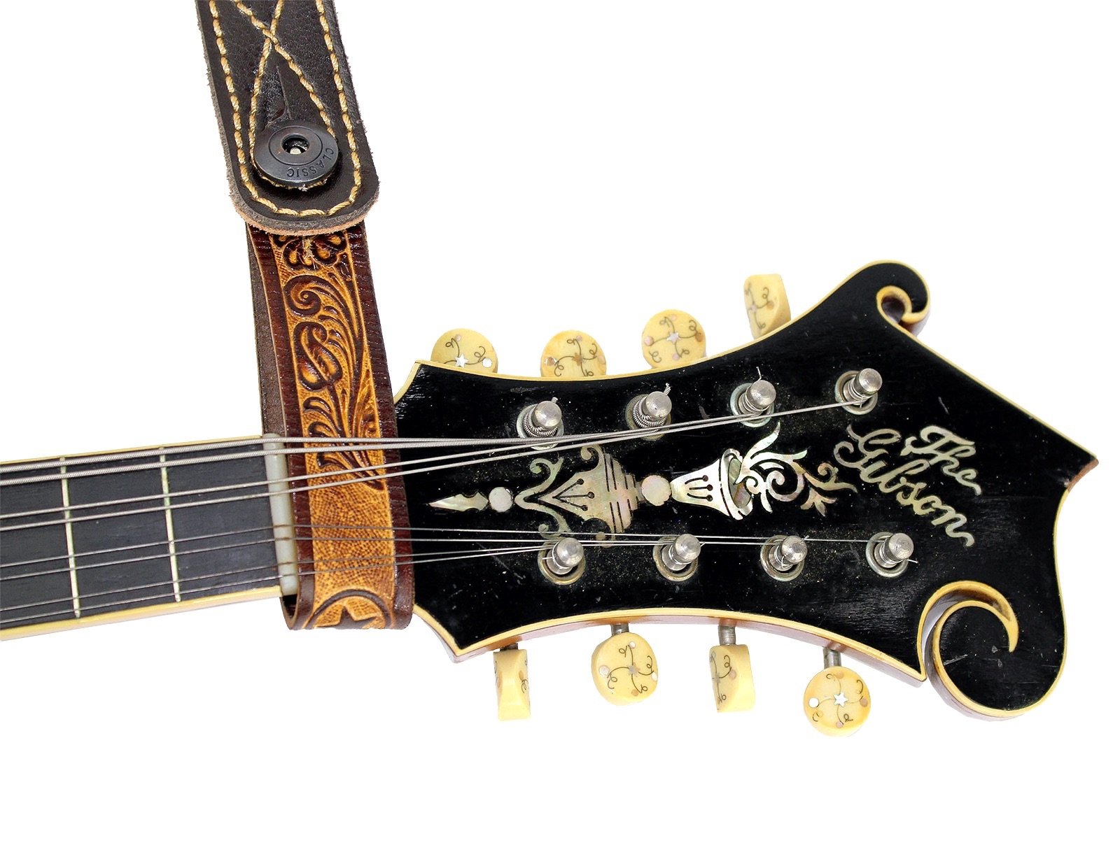 Walker & Williams AT-2 Brown Carving Leather Acoustic Guitar Strap Button Headstock Adaptor For Acoustic, Electric, And Bass Gui