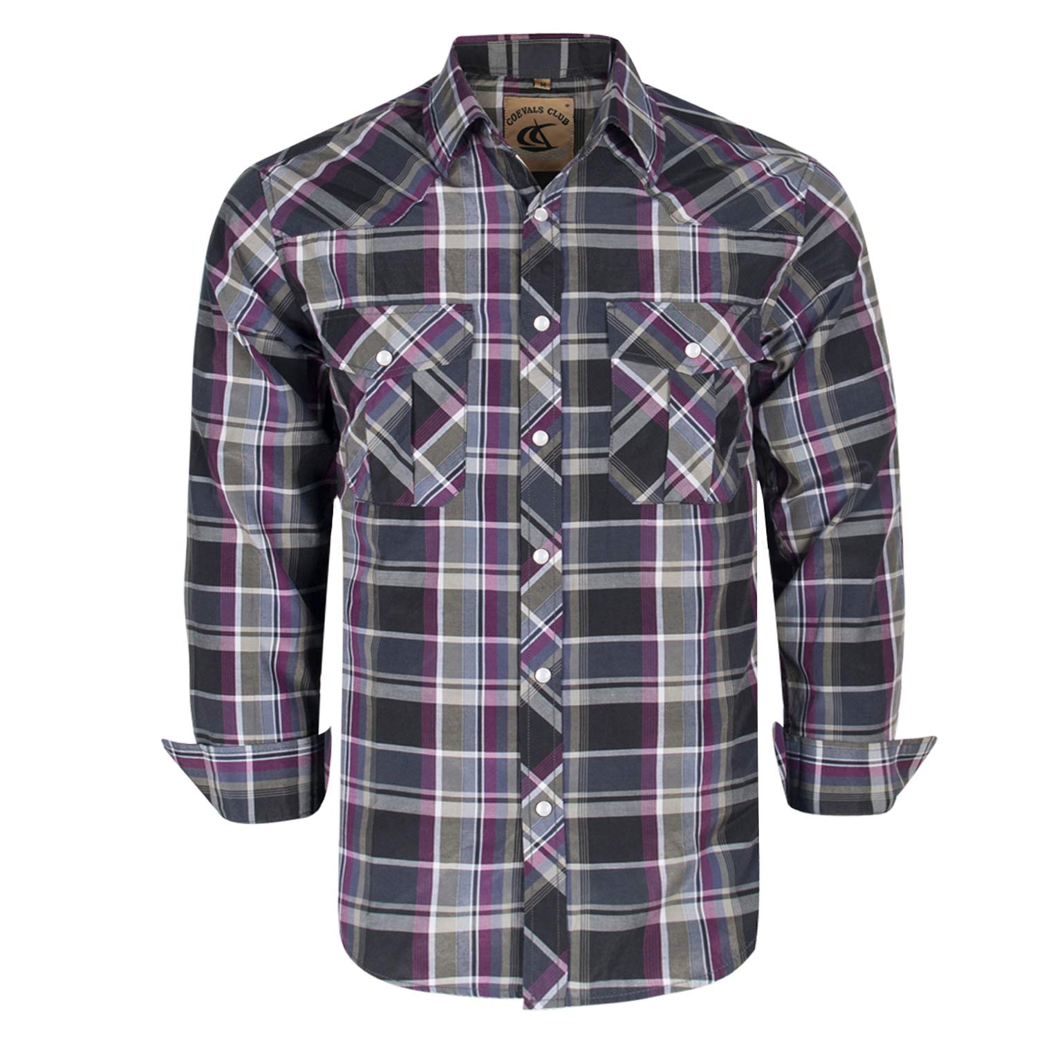 Coevals Club Mens Western Cowboy Long Sleeve Pearl Snap Casual Plaid Work Shirts (Purple  Gray14 2Xl)