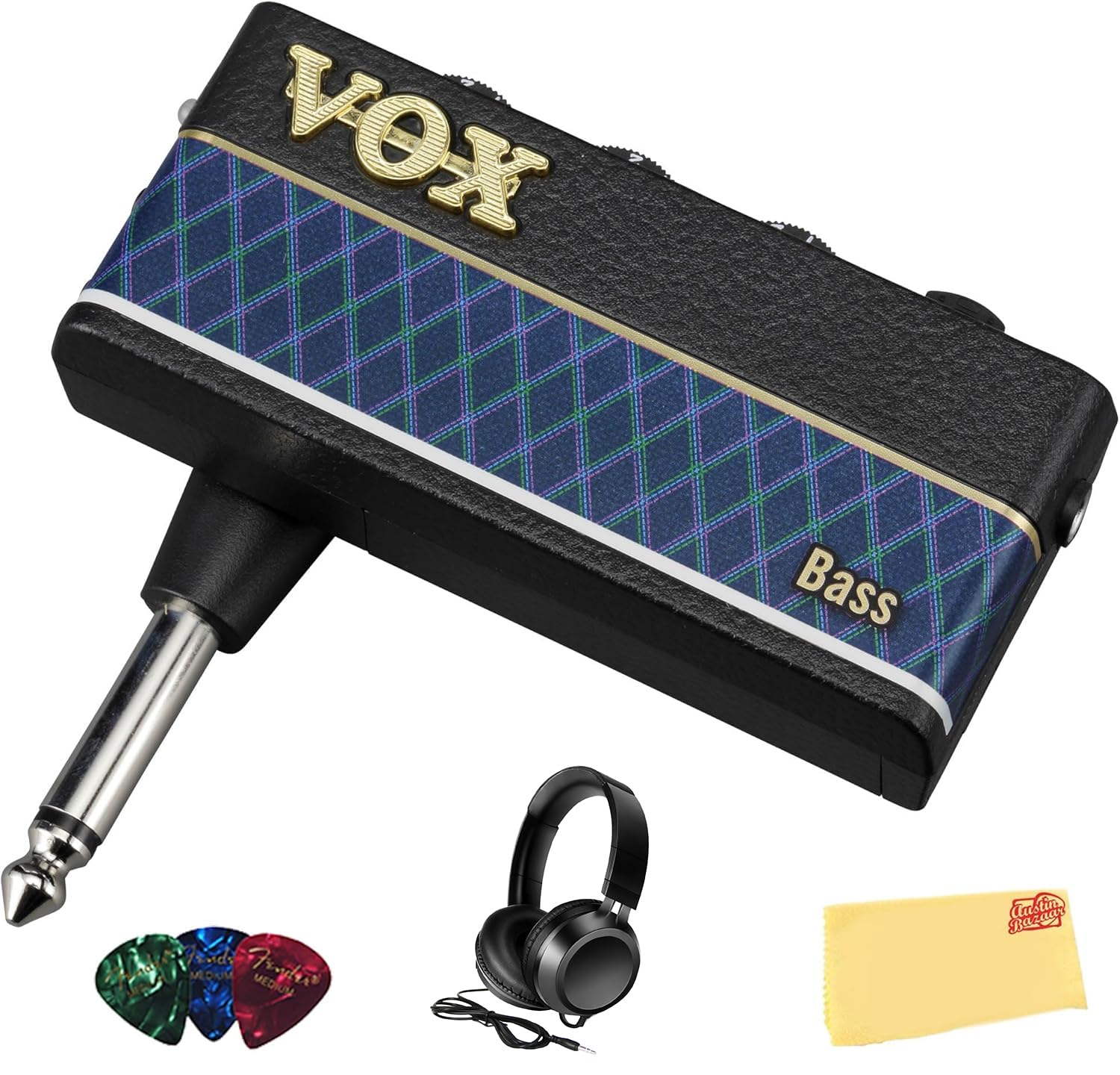 Vox AmPlug 3 Headphone Guitar Amplifier - Bass Bundle with Headphones, Guitar Picks, and Austin Bazaar Polishing Cloth