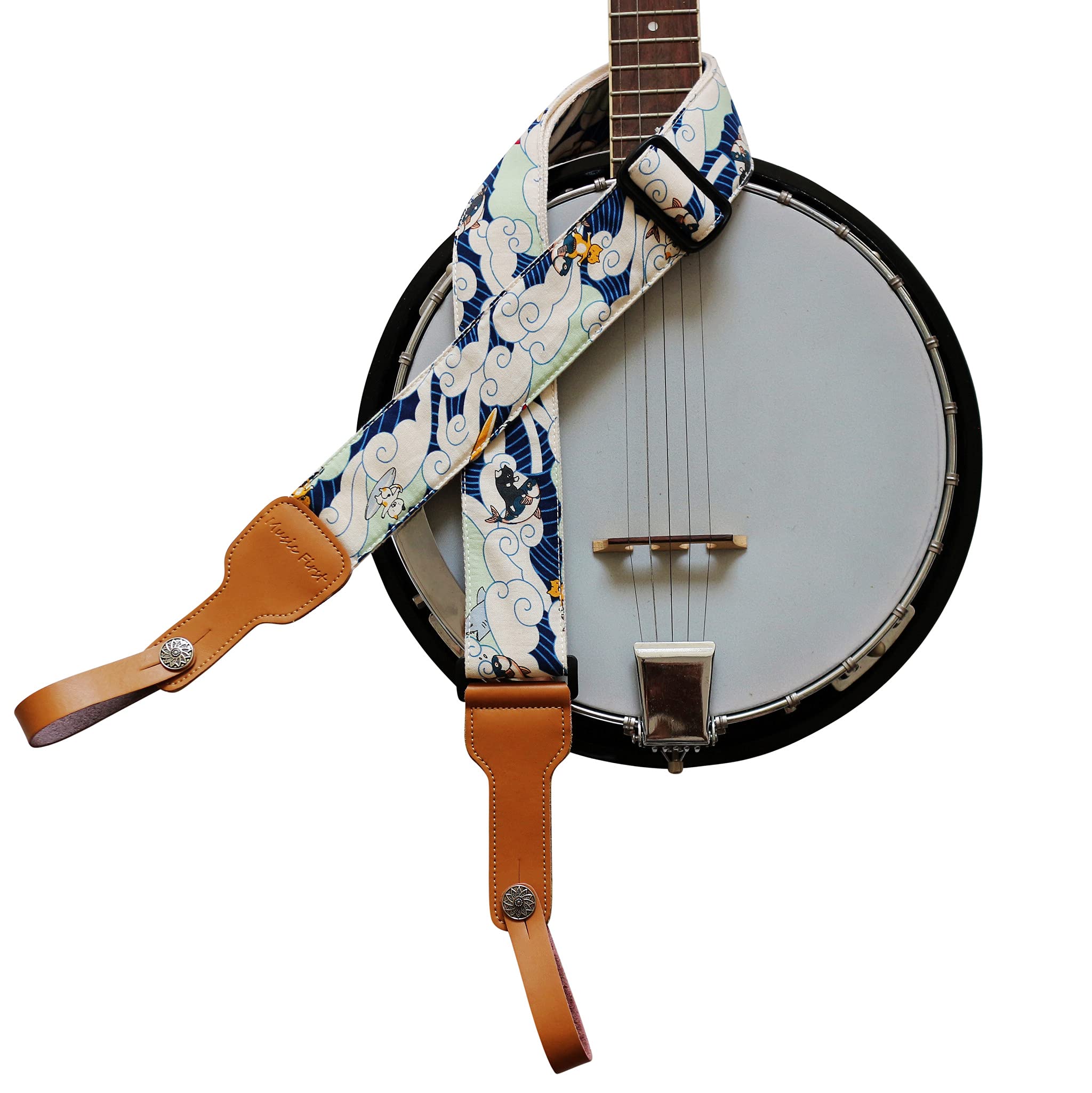 MUSIC FIRST Original Design, 2 inch width (5cm), Padded, Vintage Ukiyoe StyleSurfing Cat Soft Muslin & Genuine Leather Delux Ban