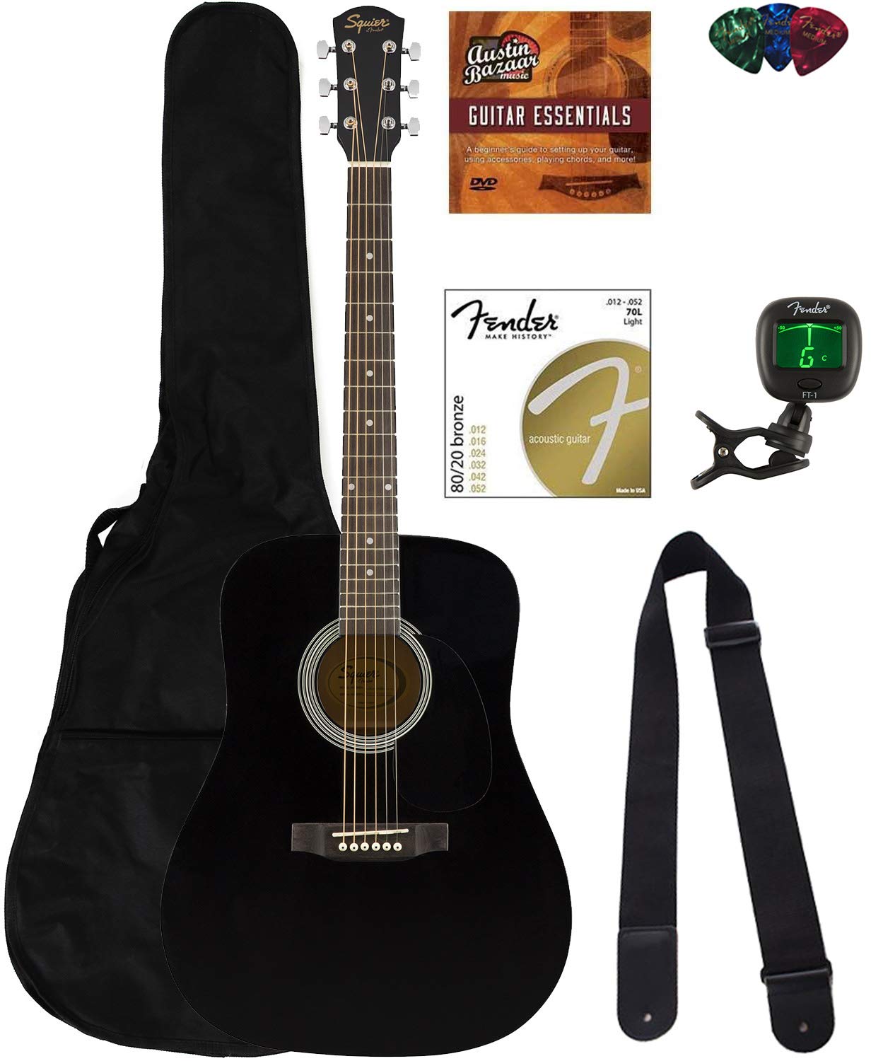 Fender Squier Dreadnought Acoustic Guitar - Black Bundle With Gig Bag, Tuner, Strap, Strings, Picks, Fender Play Online Lessons,