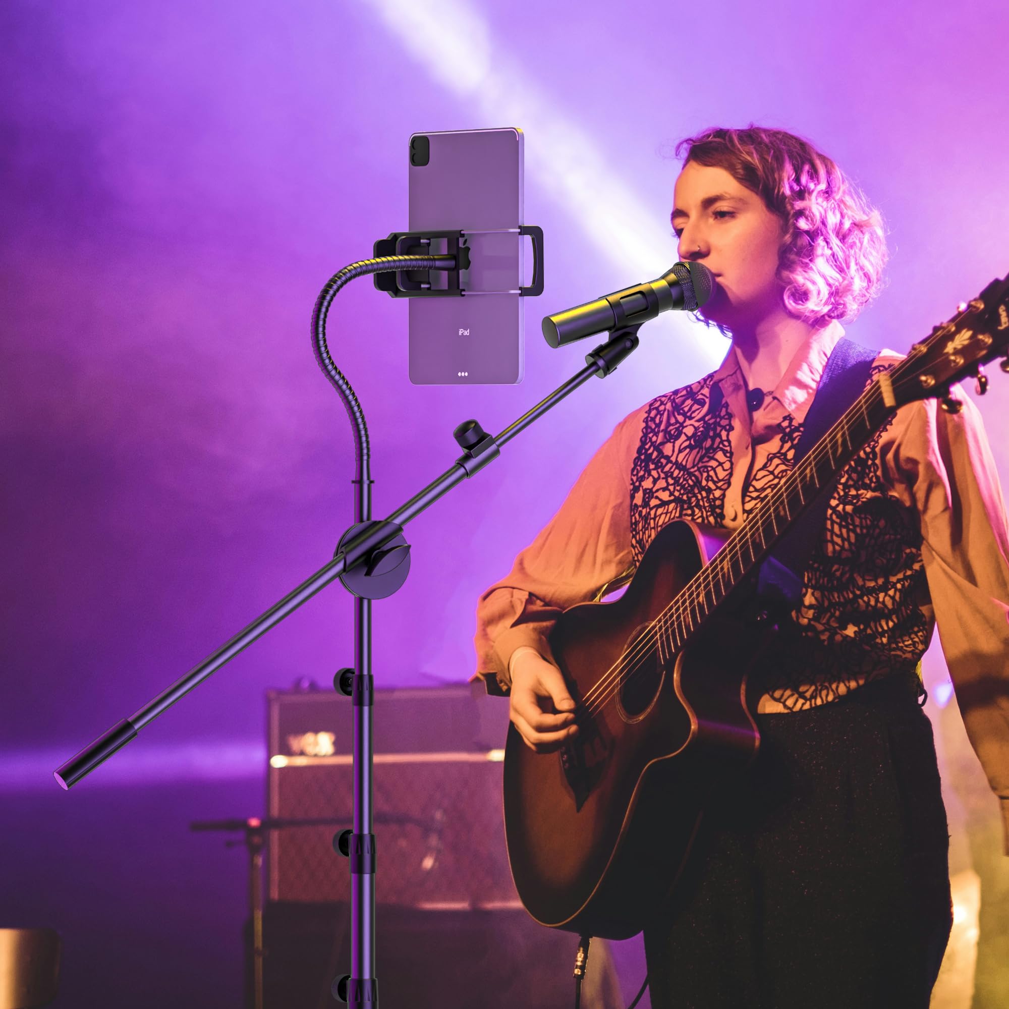 Microphone Stand with IPAD Clip, Floor Foldable Mic Stand with Phone Clip,Heavy Duty Tripod Boom Arm with 2 Mic Clips and Carryi