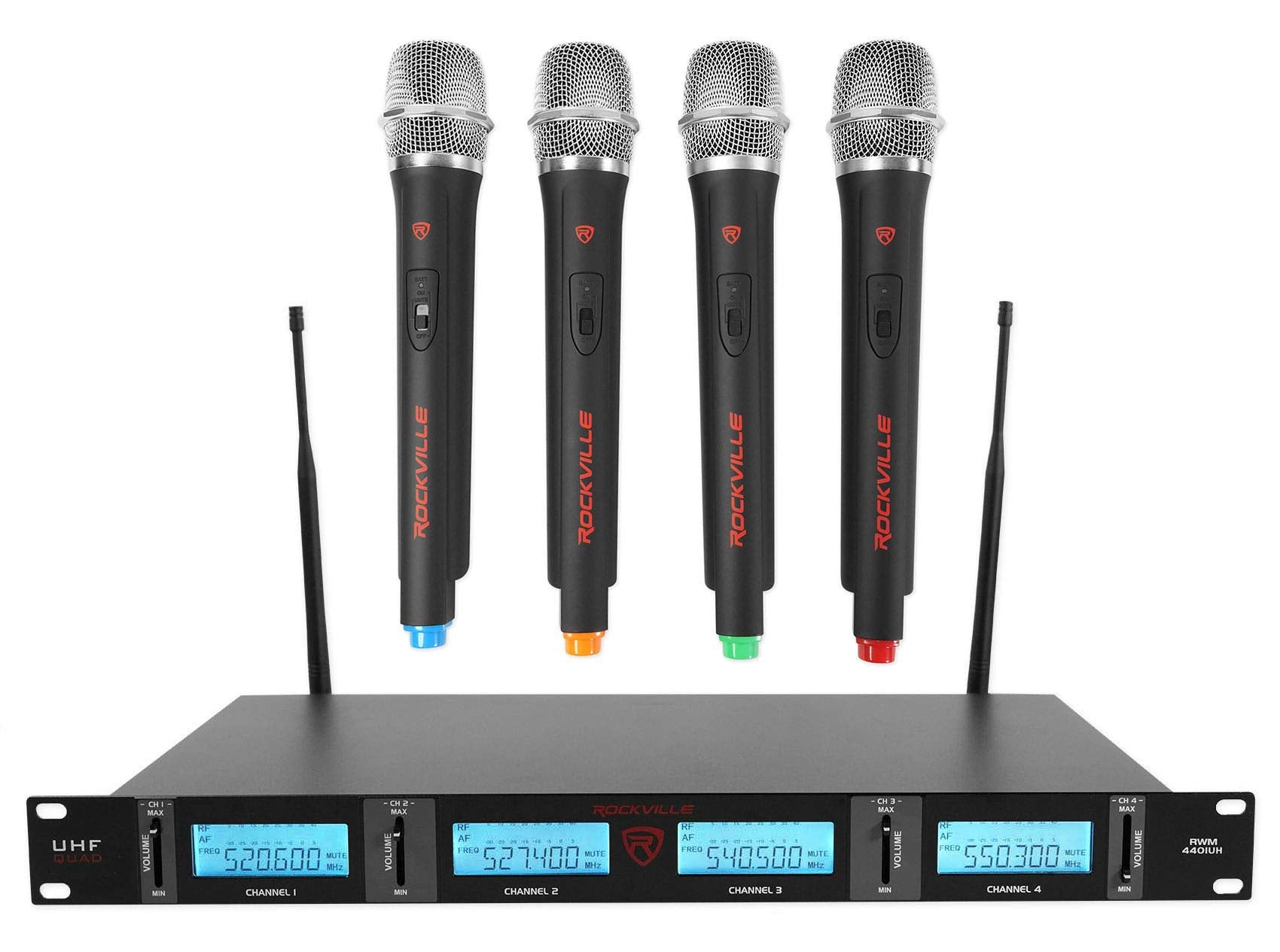 Rockville Quad Uhf 4 Wireless Handheld Microphone System W/Lcd Display (Rwm4401Uh)