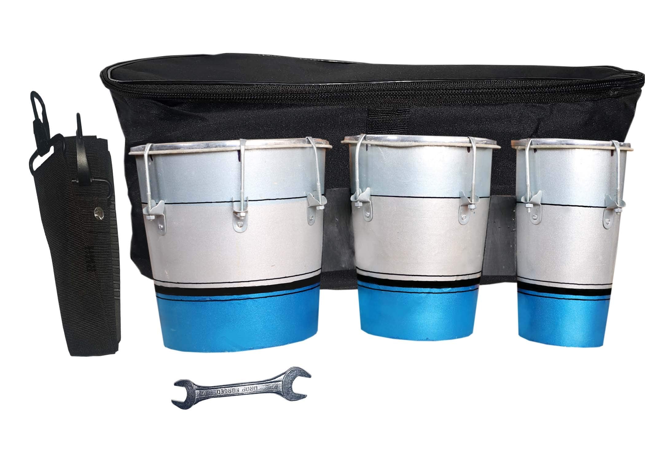 Gt Manufacturers Professional Three Piece Hand Made Wooden Bongo Drum Set With Tool Kit (Silver/Blue)