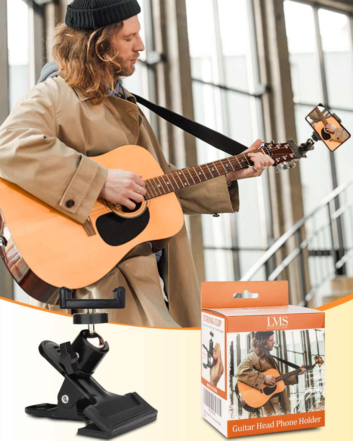 LMS Guitar Head Phone Holder Cell Phone Stand Clamp Phone Mount with 1/4 Ball Head Adapter Universal Guitar Head Clip for Bass U