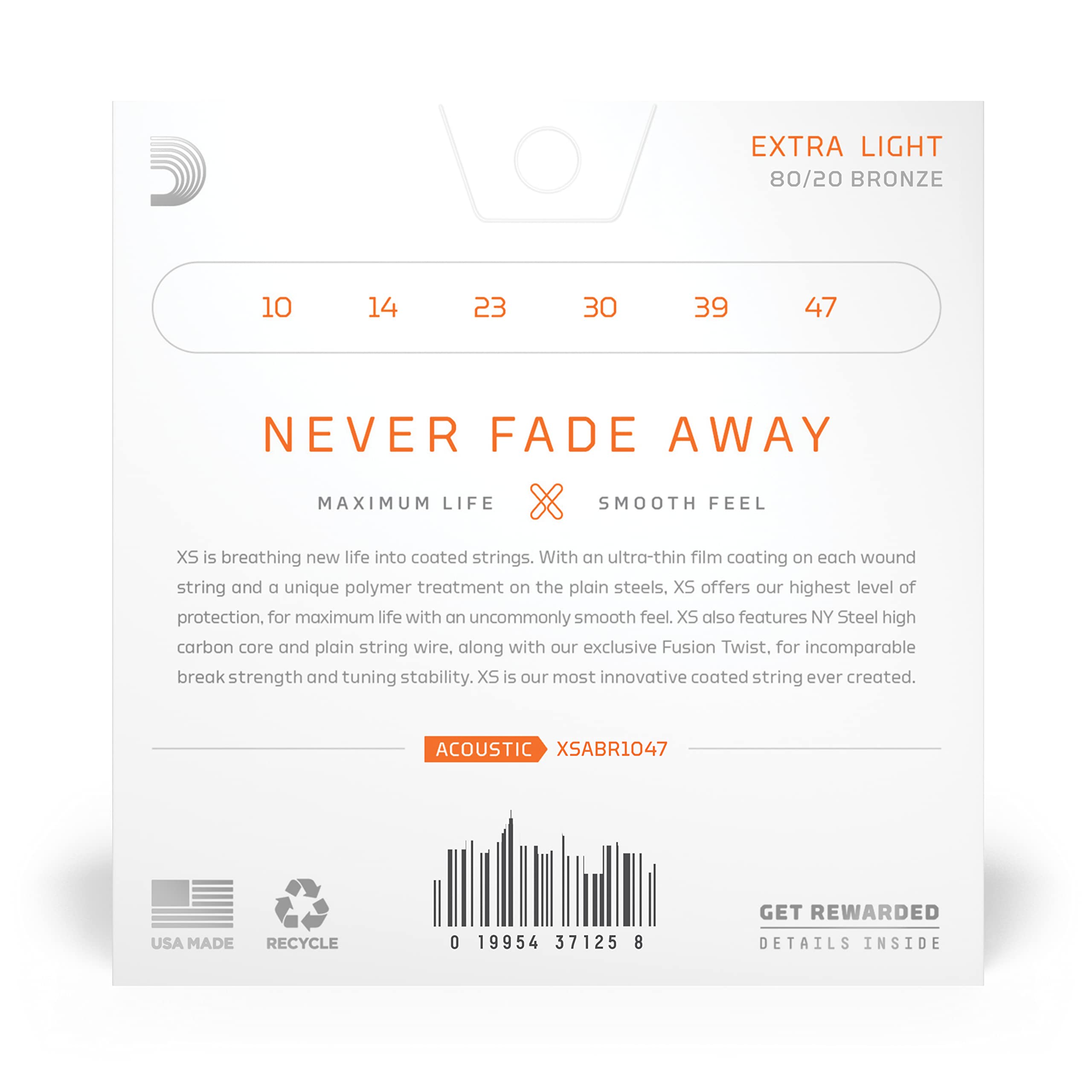 D'Addario Acoustic Guitar Strings, XS 80/20 Bronze Coated, XSABR1047, Extra Light Gauge 10-47, 6-String Set, Pack of 1