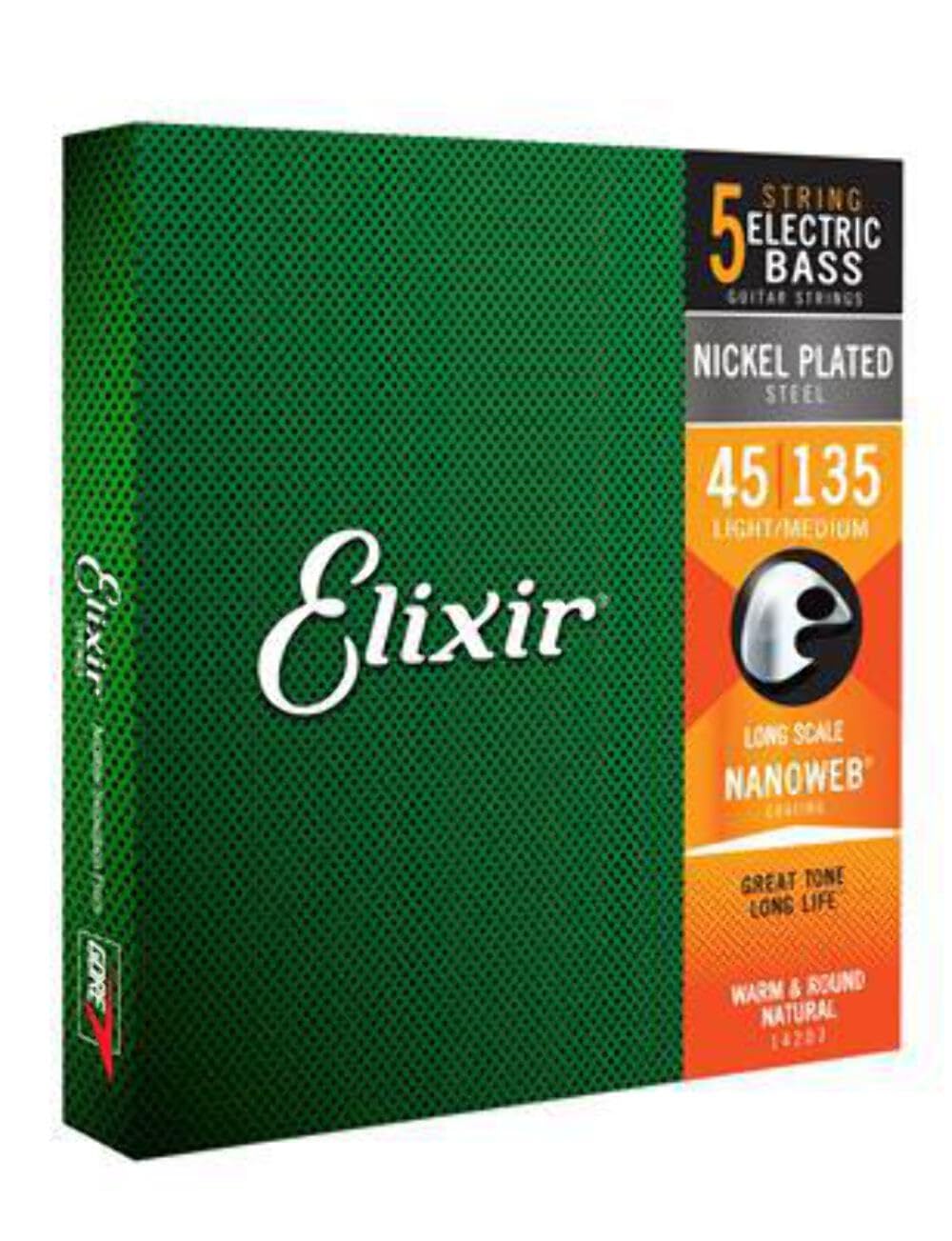 Elixir Strings Nickel Plated Steel 5-String Bass Strings W Nanoweb Coating, Long Scale, Light/Medium (.045-.135)