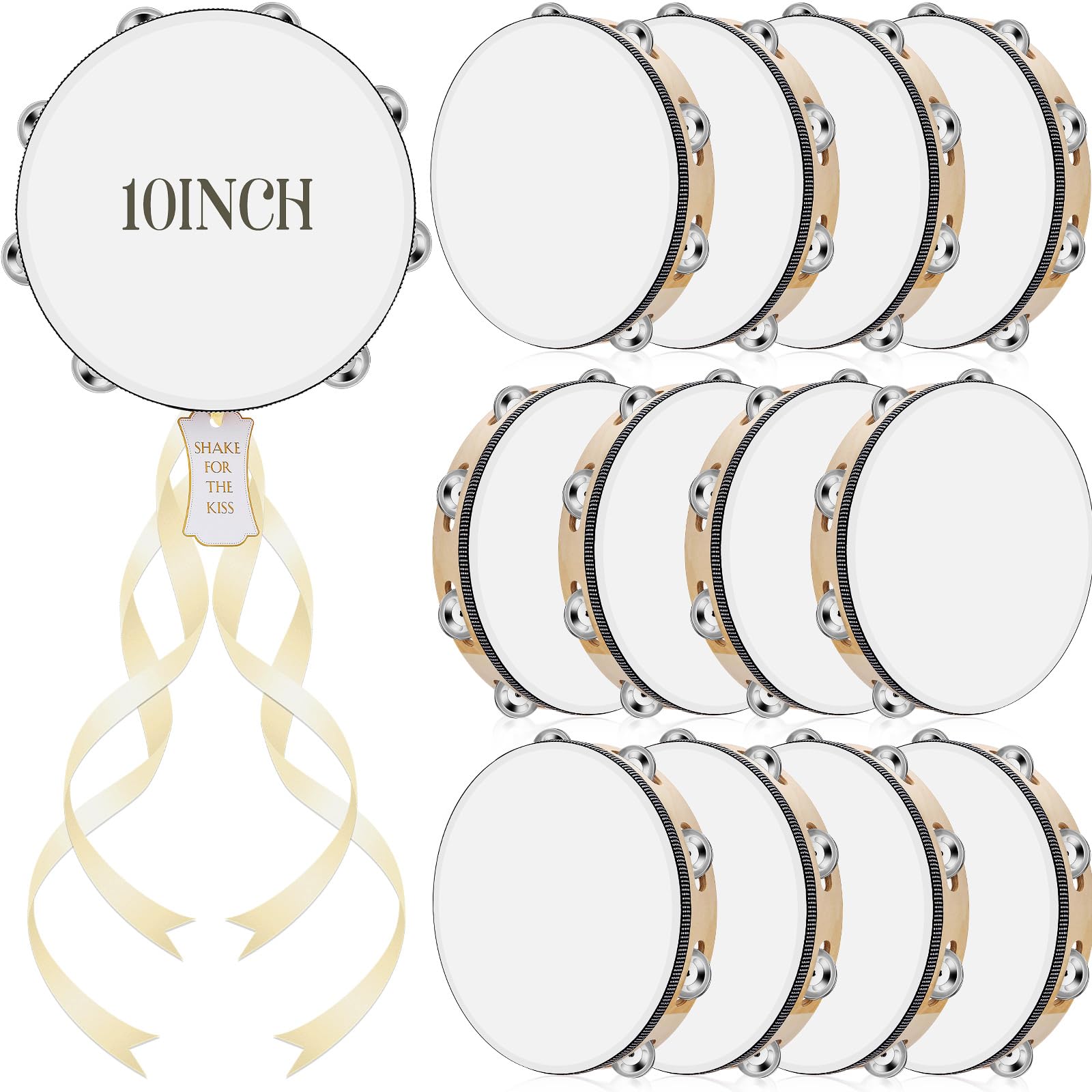 Lukmaa 12 Set 10 Inch Tambourine for Adults Tambourines Bulk Wooden Hand Held Drum with Metal Jingles, Gift Tags, Beige Ribbon P