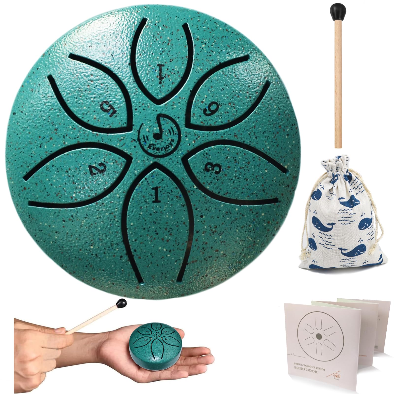 Rain Drum for Outside- Steel Tongue Drum 3 Inch 6 Notes Percussion Instrument w/Bag, Music Book and Malletsand Finger Paddles, M