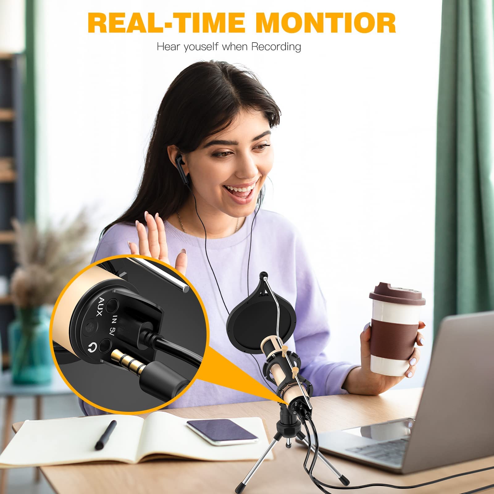 ZealSound Microphone,USB&3.5mm Mic W/Type-C Adapter for i-Phone Computer phone,Condenser Microphone with Echo Volume,Tripod Stan