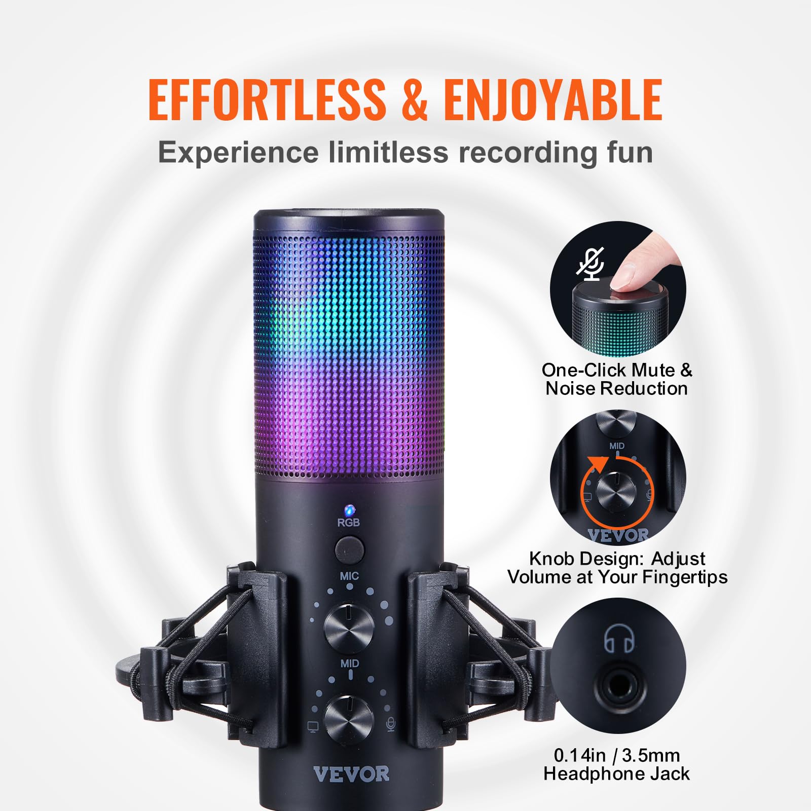 VEVOR USB Microphone, 192 kHz/24-bit, Professional Condenser Microphone Kit with Boom Arm Stand Pop Filter Shock Mount, 11 RGB L