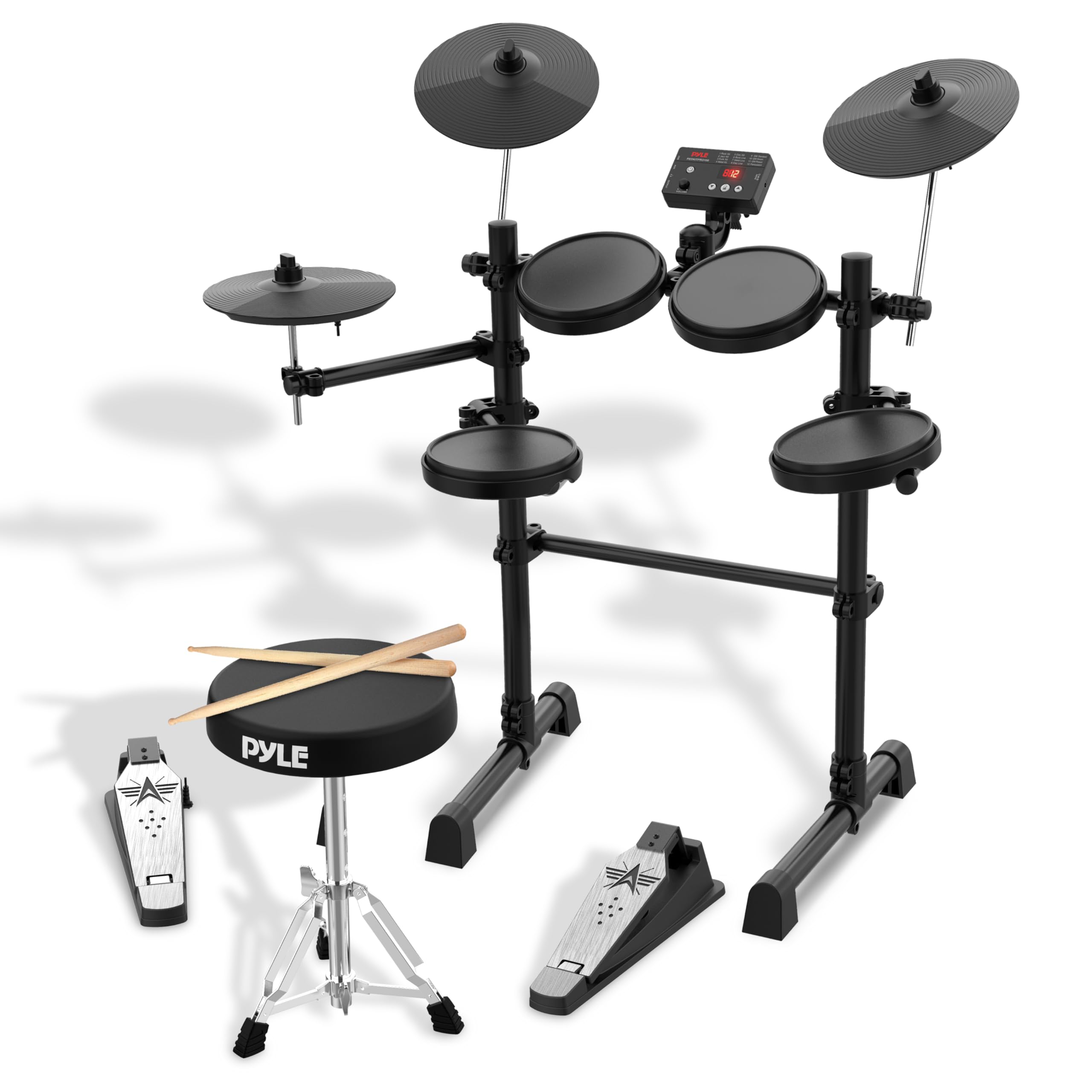 Pyle 7-Piece Electric Drum Set Professional Electronic Drumming Kit Machine w/MIDI Support, Preloaded Sounds, Record Mode, Cymba