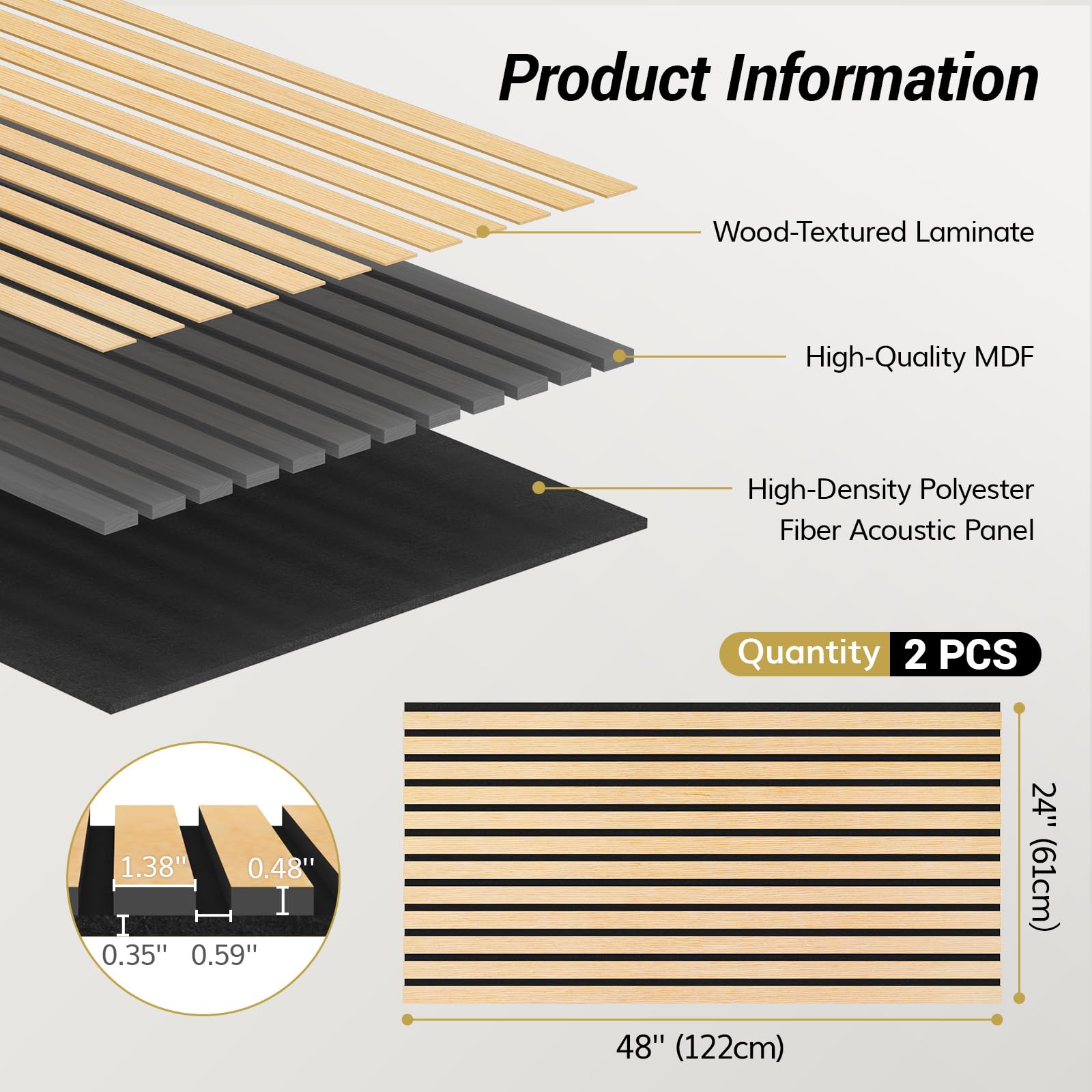TONOR 2 PCS Wood Slat Panels, 48    x 24    x 1.2    Acoustic Panels for Wall, Decorative 3D Slat Panels for Sound Absorbing, So