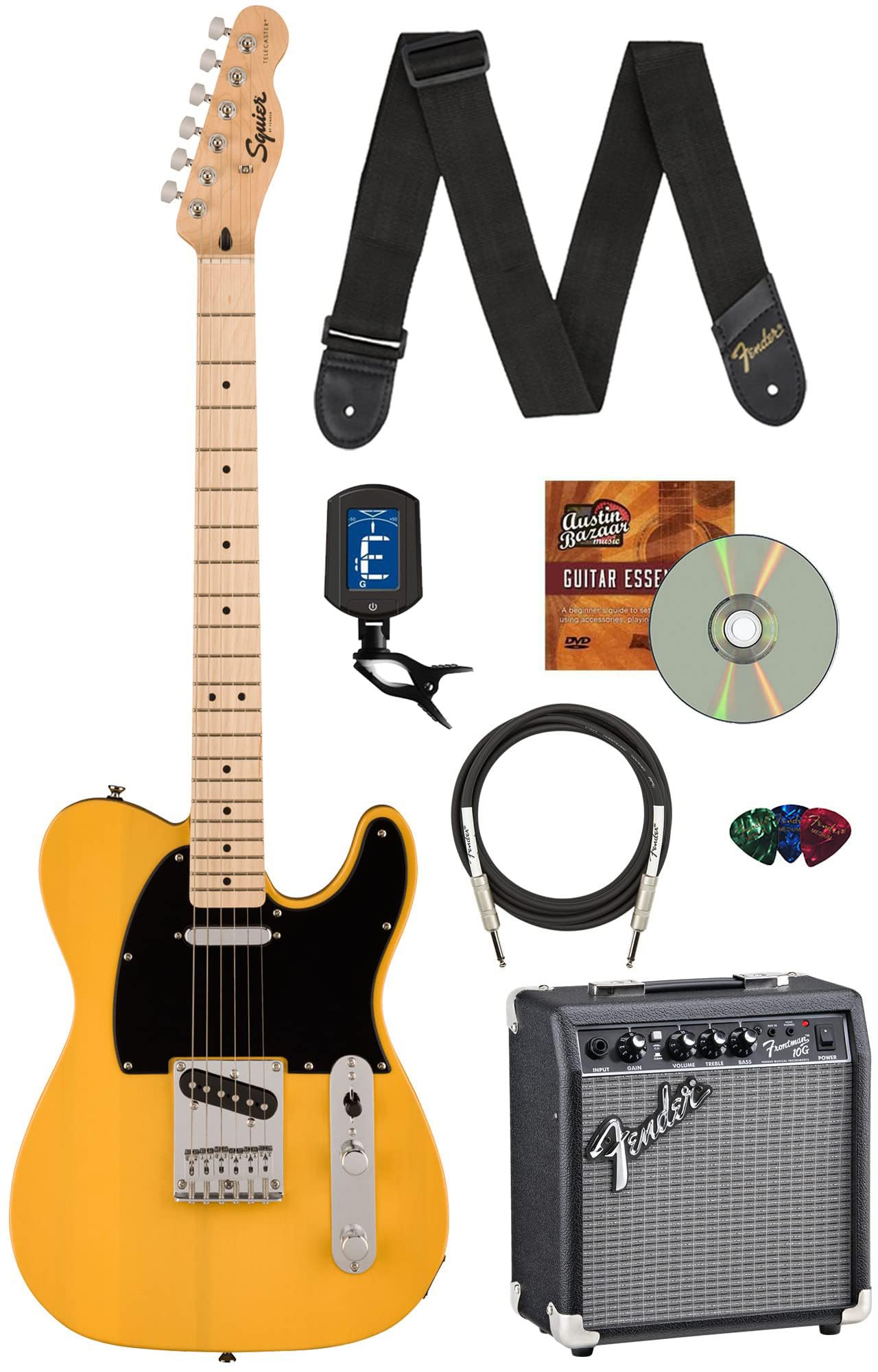 Fender Squier Sonic Telecaster - Butterscotch Blonde Bundle With Frontman 10G Amp, Tuner, Strap, Cable, Picks, And Austin Bazaar