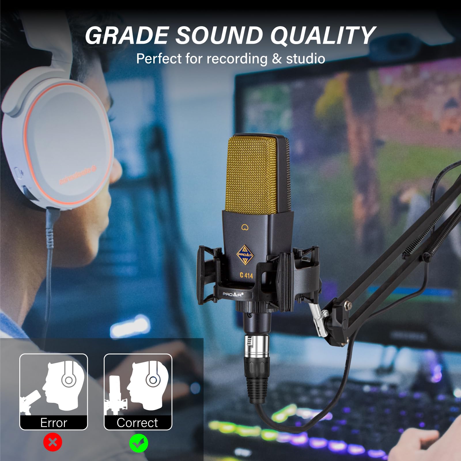 PROAR XLR Podcast Microphone Professional Cardioid Studio Condenser Microphone 25mm Large Diaphragm Computer PC Gaming Mic Kit w