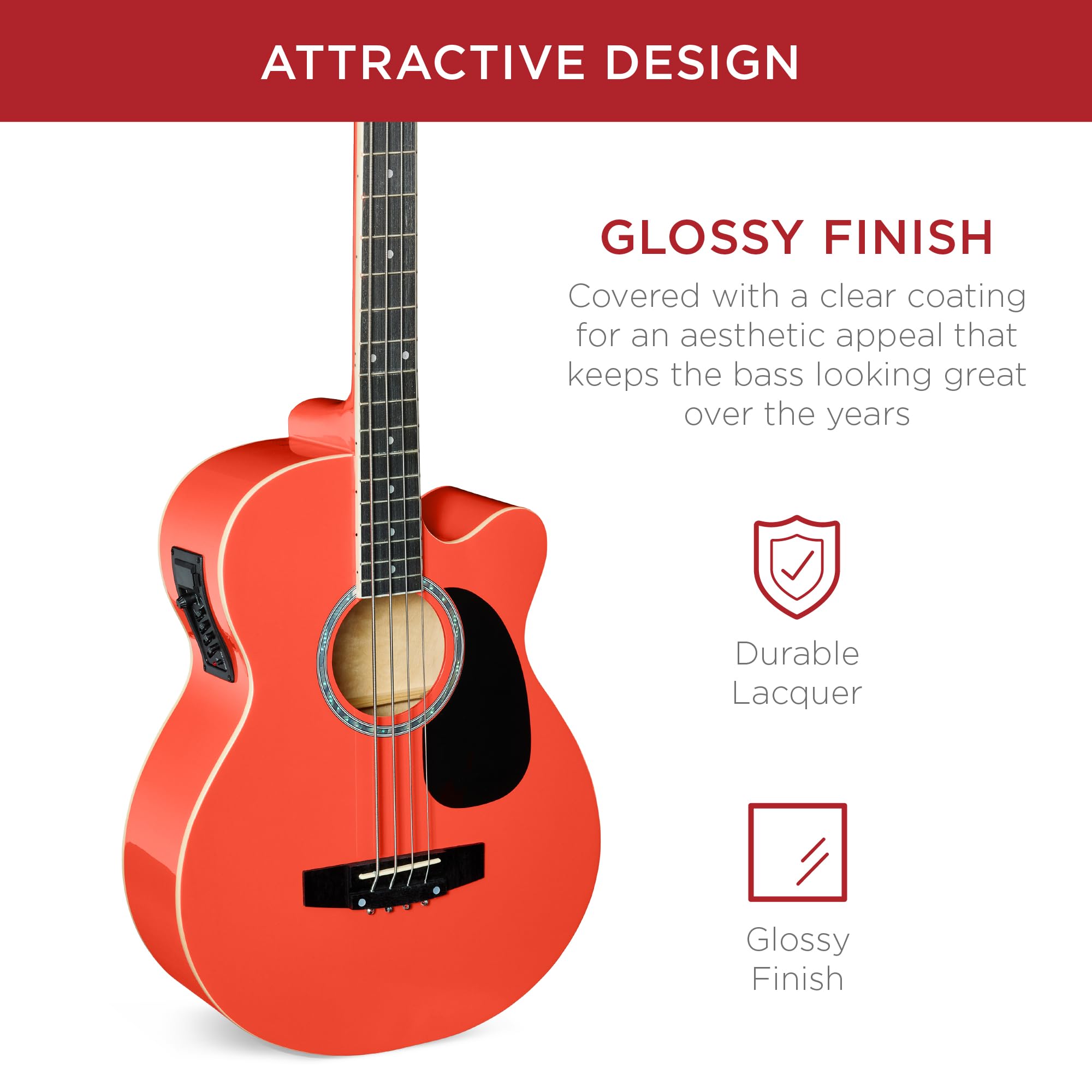 Best Choice Products Acoustic Electric Bass Guitar, Full Size 4 String, Fretted Bass Guitar w/Padded Gig Bag - Red