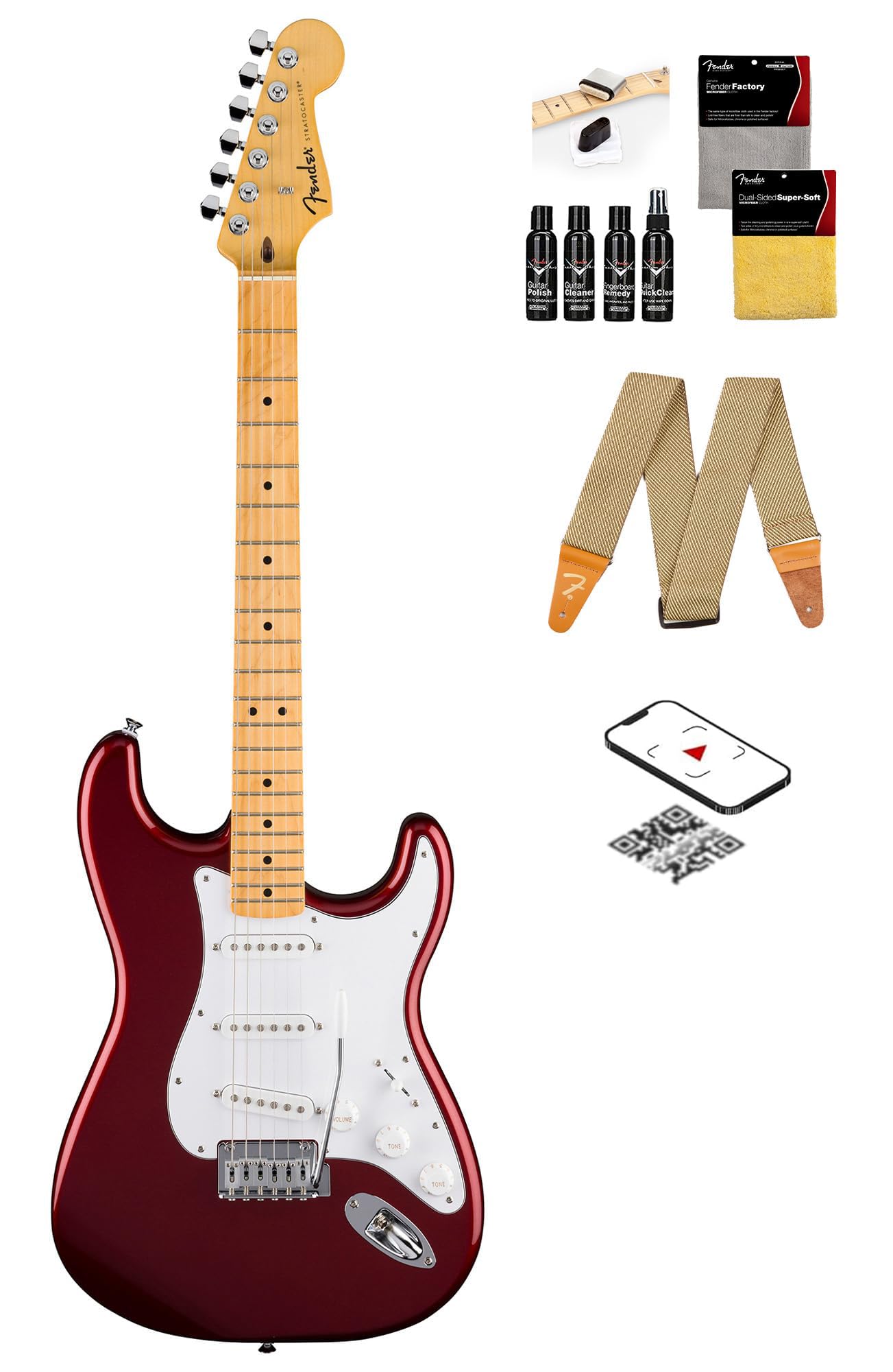 Fender Standard Stratocaster - Red Bundle With Strap, Guitar Cleaning Kit And Austin Bazaar Instructional Video