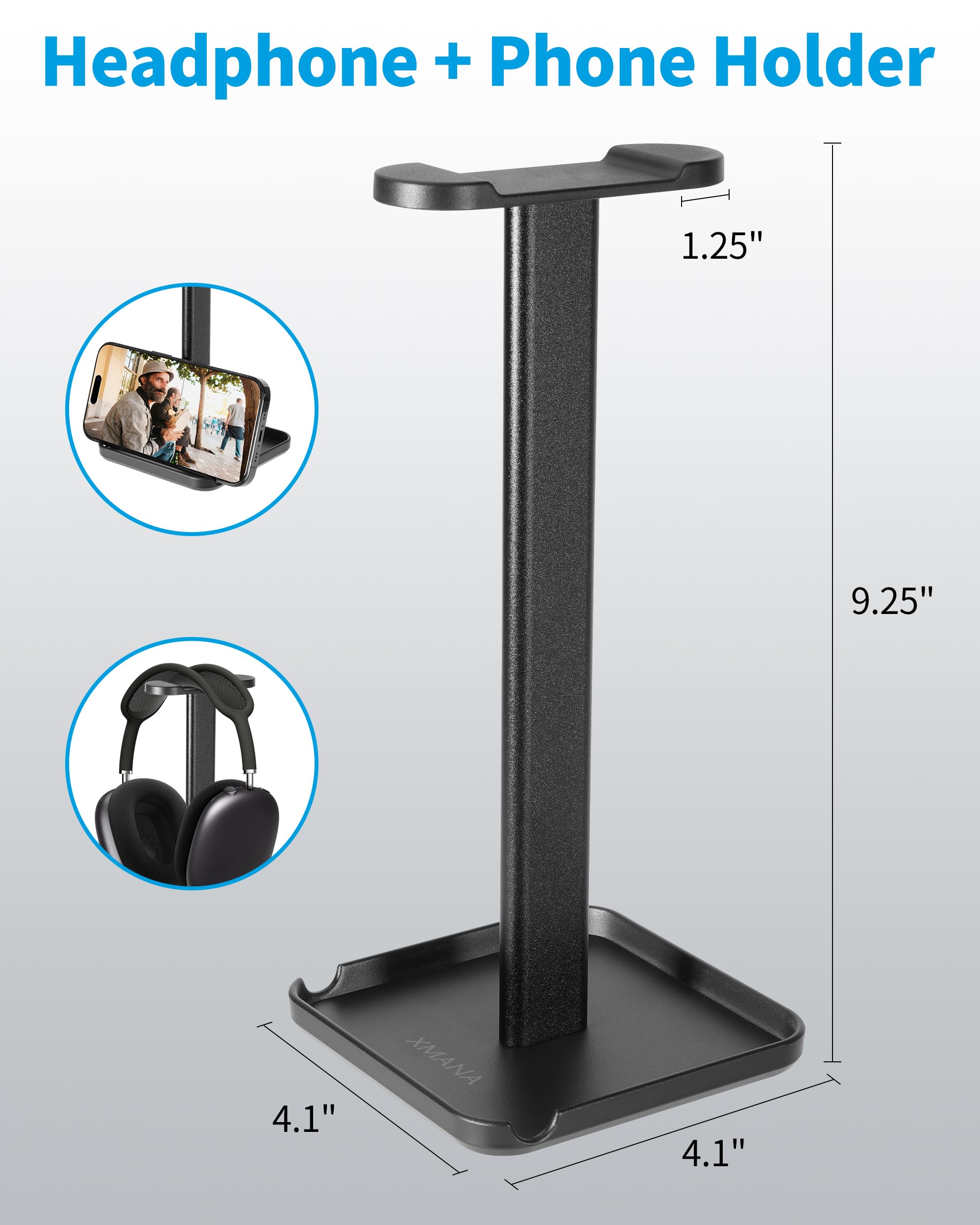 XMANA 2-in-1 Aluminum Headphone Stand & Phone Holder Rack - Sleek, Sturdy & Ergonomic Design Gaming Headset Stand for Desk Organ