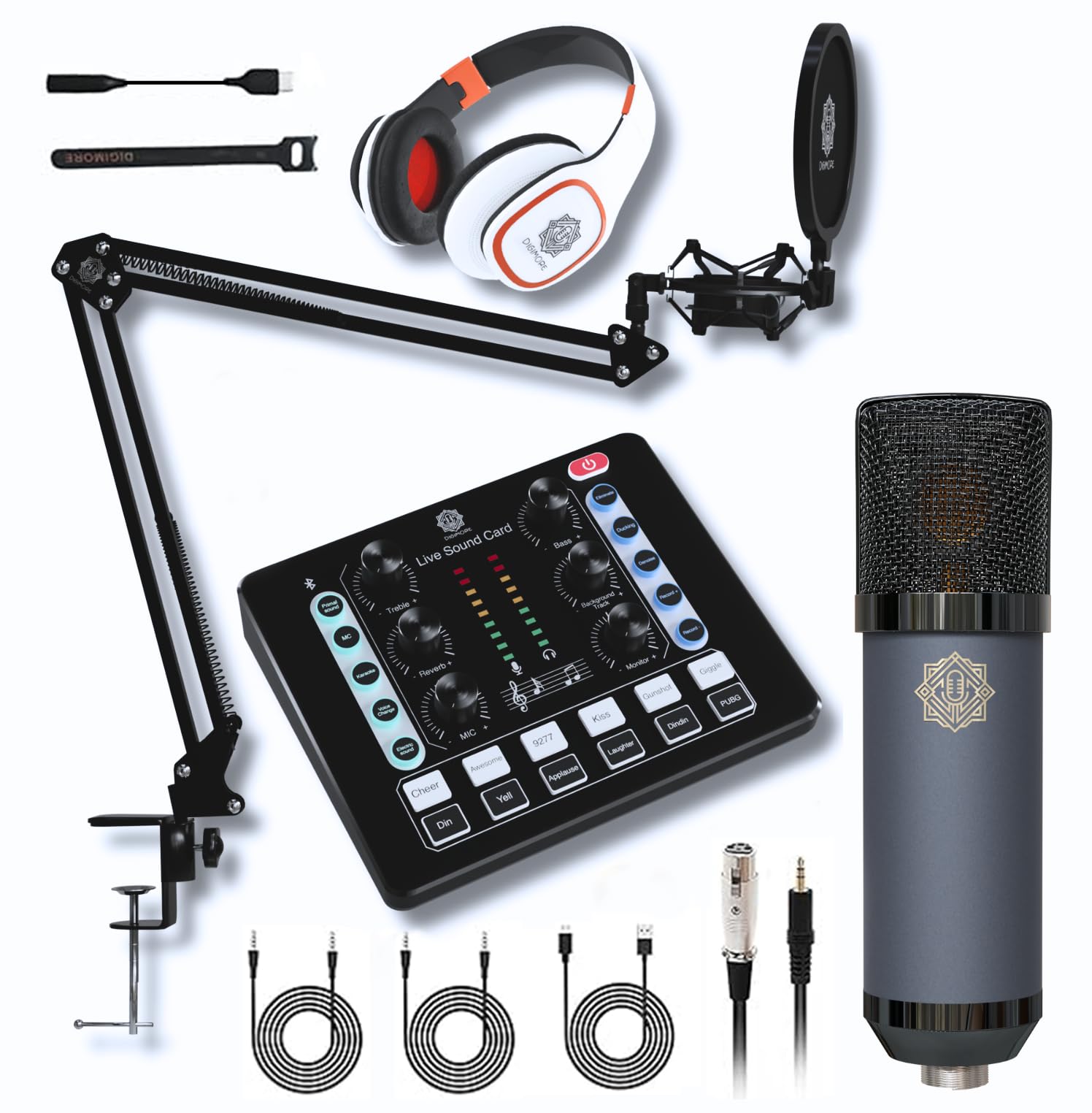 DIGIMORE Condenser Microphone Kit with Studio Headphones, Live Sound Card, Boom Arm Stand, Shock Mount and Pop Filter Ideal for 