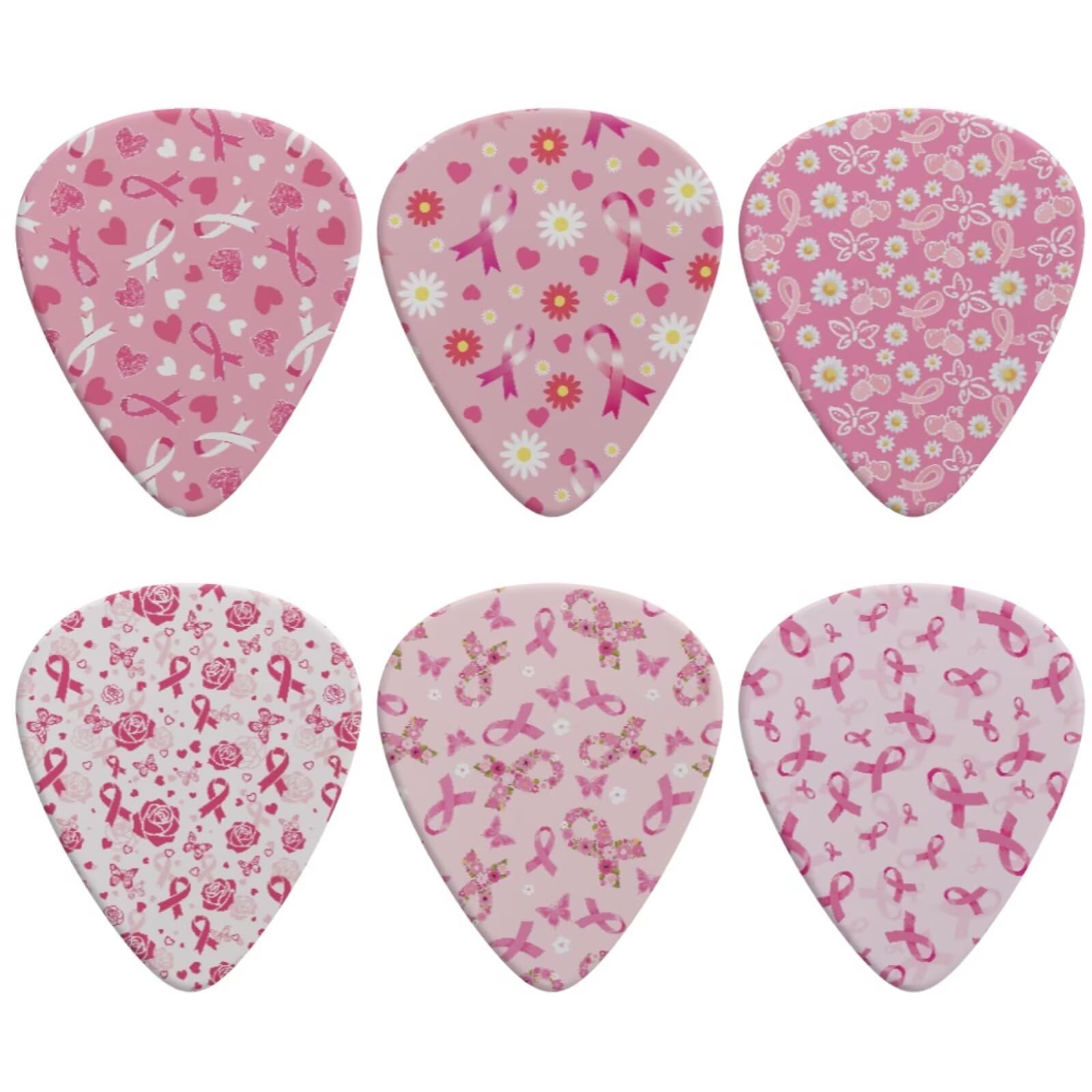 Jeiento 6 Pack Breast Cancer Awareness Accessories Pink Ribbon Guitar Picks for Electric Guitar Bass Triangle and Thin Music Gif