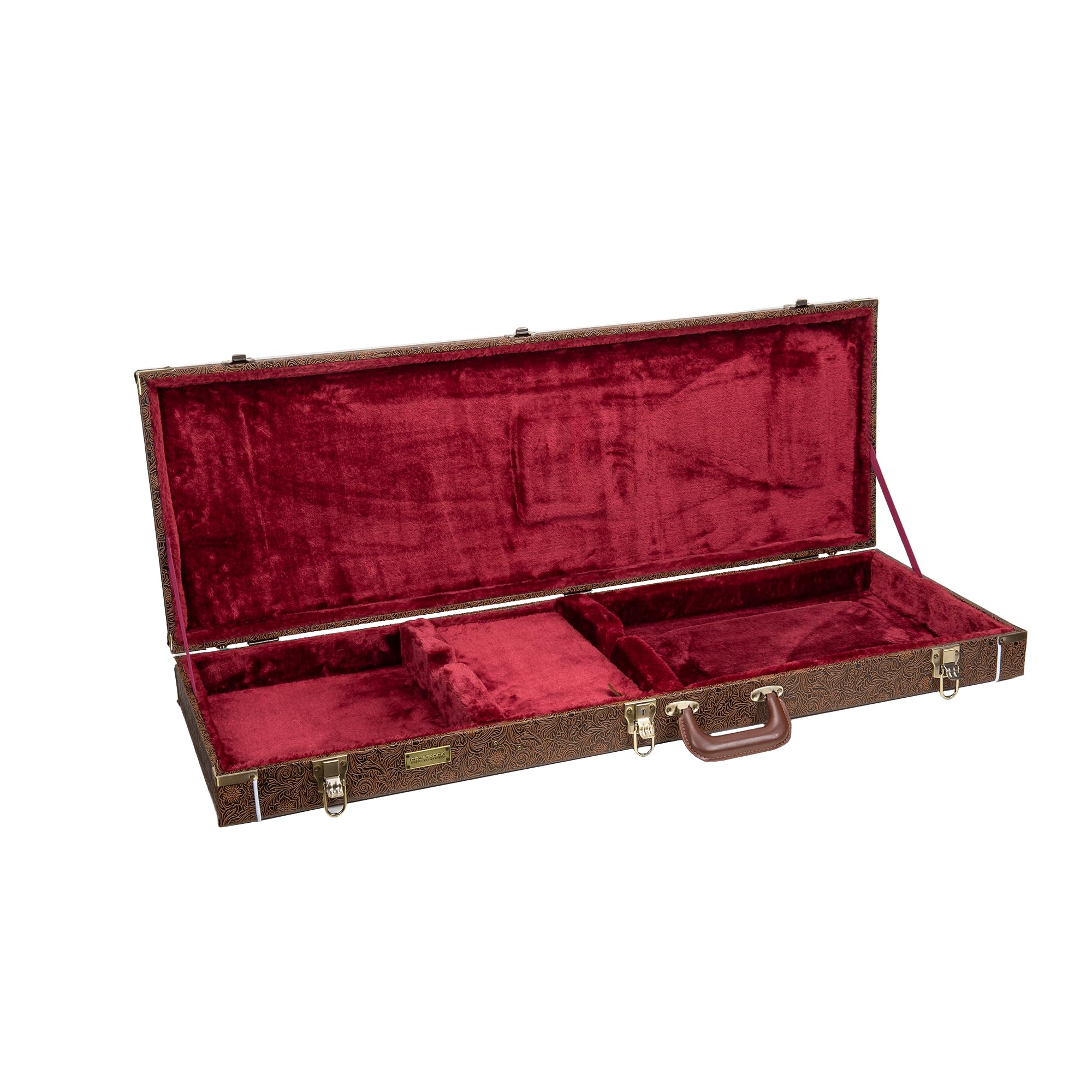 Crossrock Wooden Bass Guitar Case for Fender Precision & Jazz | Blossom Brown Faux Leather, Burgundy Velvet Interior, Lock - Des