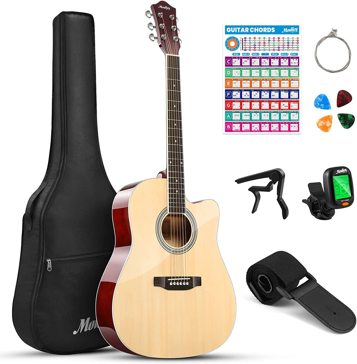 Moukey 41'' Acoustic Guitar For Beginners Adults 4/4 Guitarra Acustica With Chord Poster, Gig Bag, Tuner,Steel Strings, Capo, St