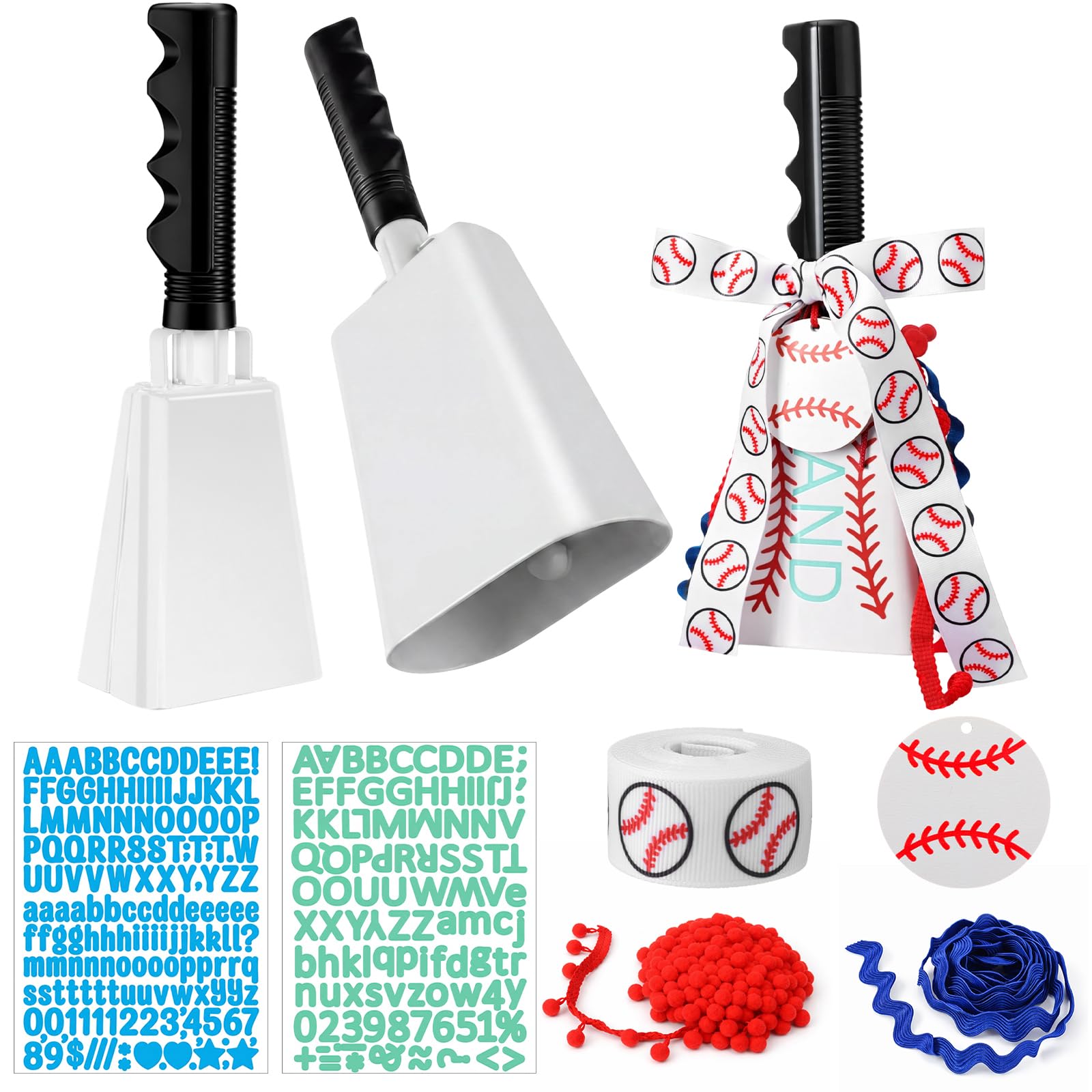 Fiada 2 Pack DIY Baseball Cow Bell for Sporting Events with Letter Stickers Ribbon Labels Large Cow Bells Noise Makers for Baseb