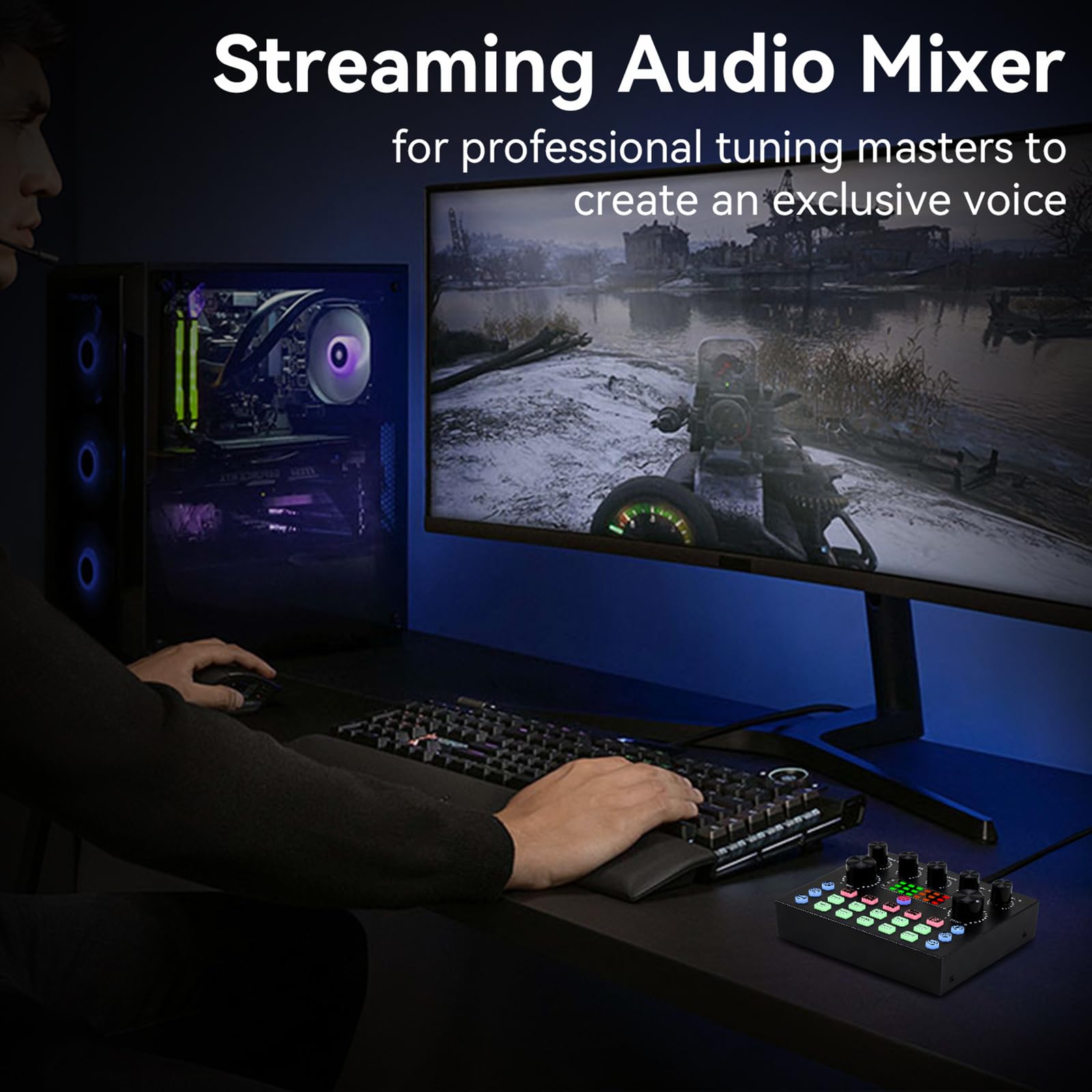 koitmy Audio Mixer Small Potable Dj Live Sound Board Dual Channel DSP Bluetooth Accompaniment for PC Phone Gaming Karaoke Studio