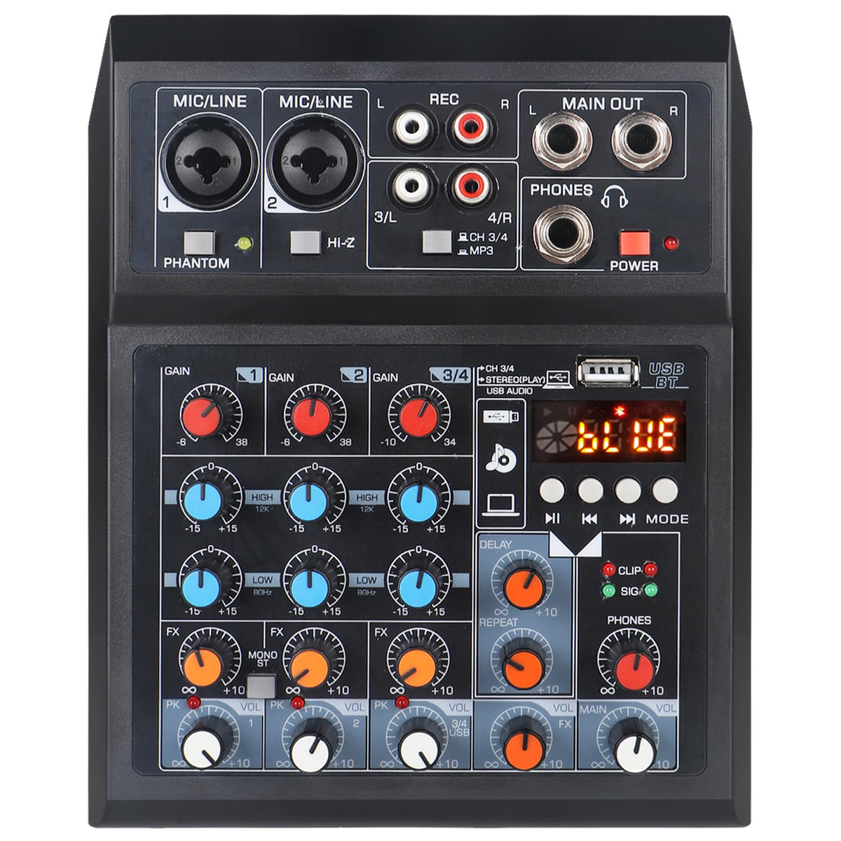 4 Channel Audio Mixer, Dj Mixers Sound Board With Bt, Sound Mixer Board Xrl/1/4'' Interface, Usb/Mp3 Computer Input 48V Phantom