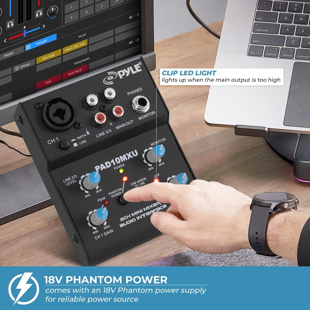 Pyle 2-Channel Audio Mixer - DJ Sound Controller Interface with USB Soundcard for PC Recording, XLR and 3.5mm Microphone Jack, 1