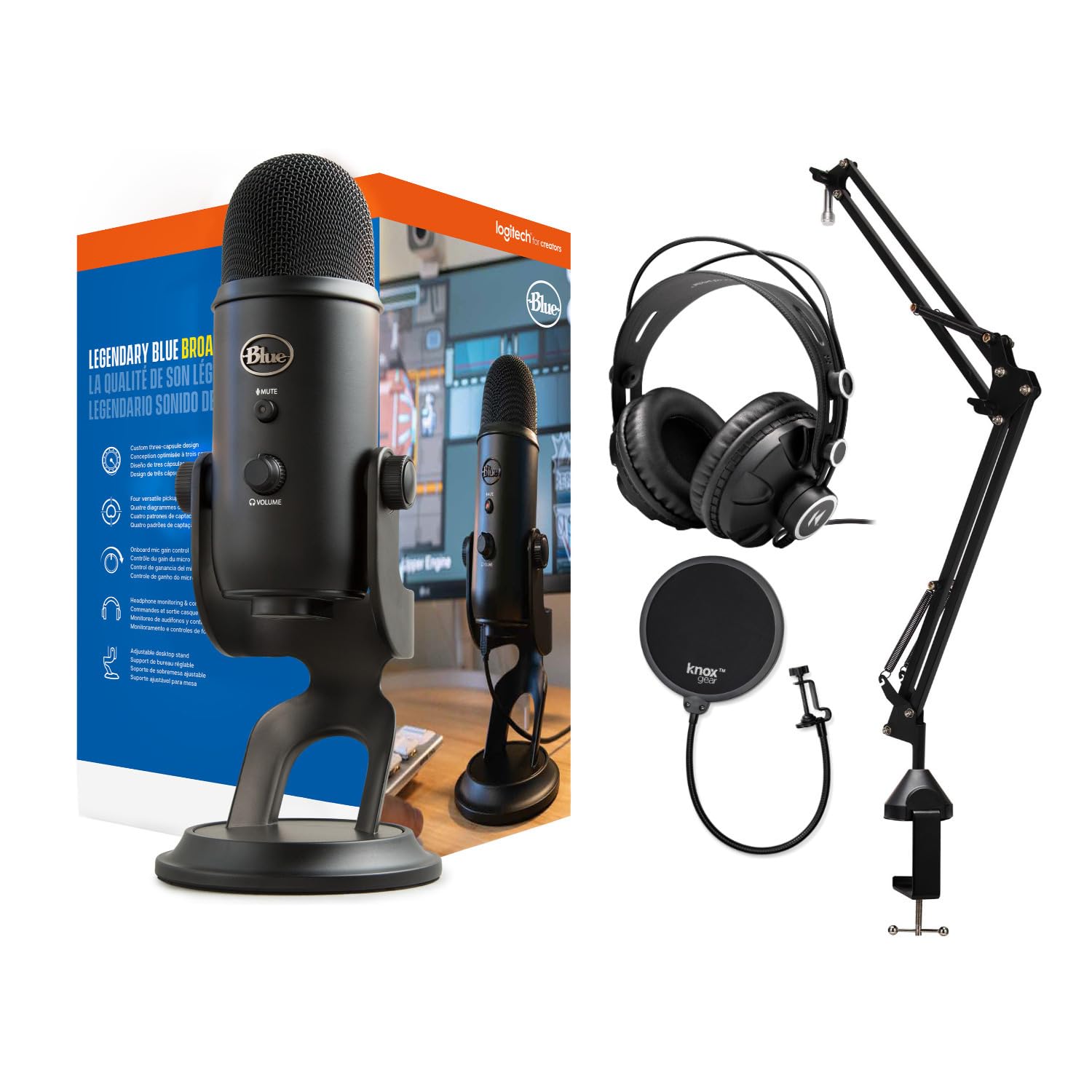 Blue Microphones Yeti Blackout USB Microphone Bundle with Desktop Boom Arm Microphone Stand, Closed-Back Studio Monitor Headphon