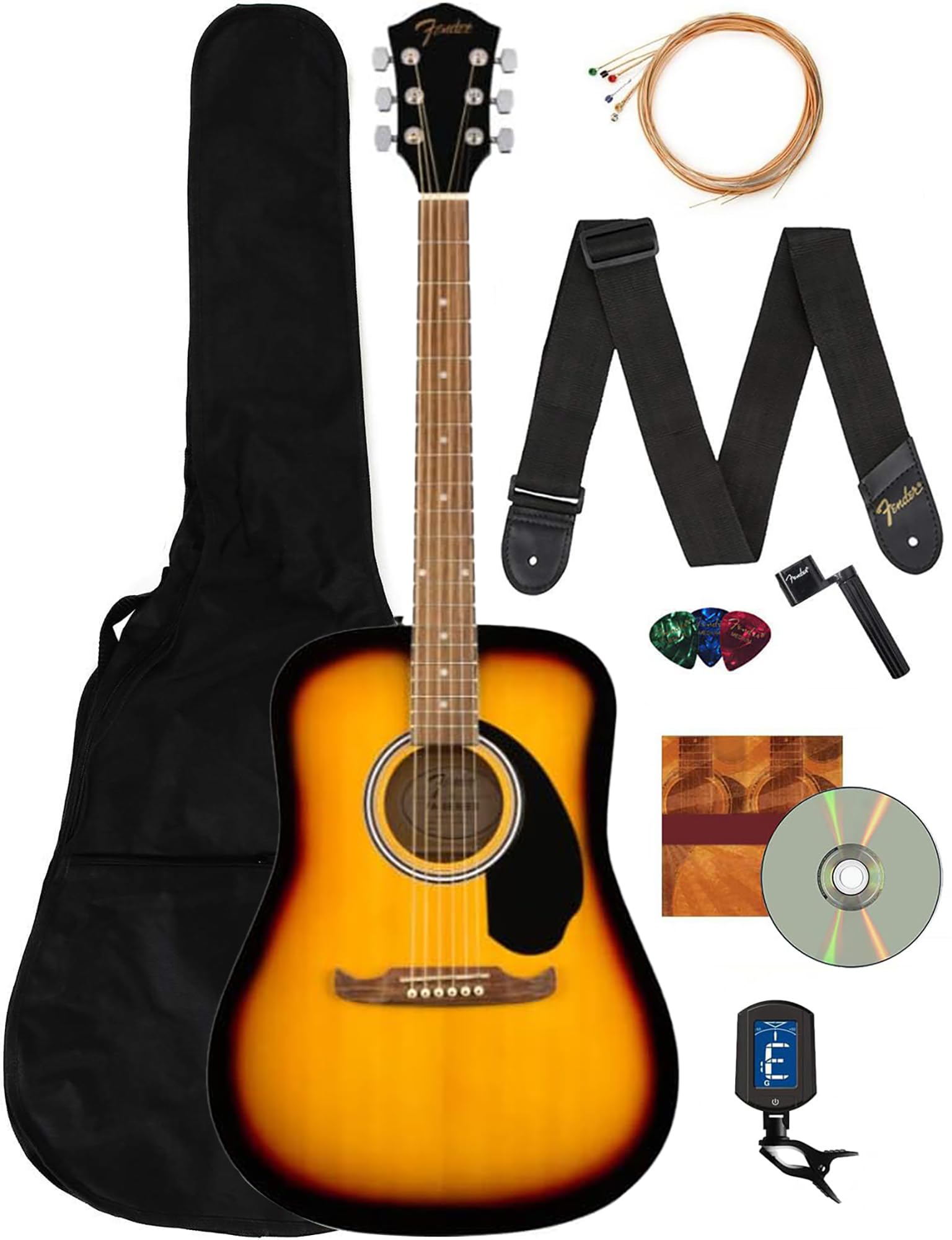 Fender Dreadnought Acoustic Guitar - Sunburst Bundle With Gig Bag, Tuner, Strap, Strings, String Winder, Picks, Fender Play Onli