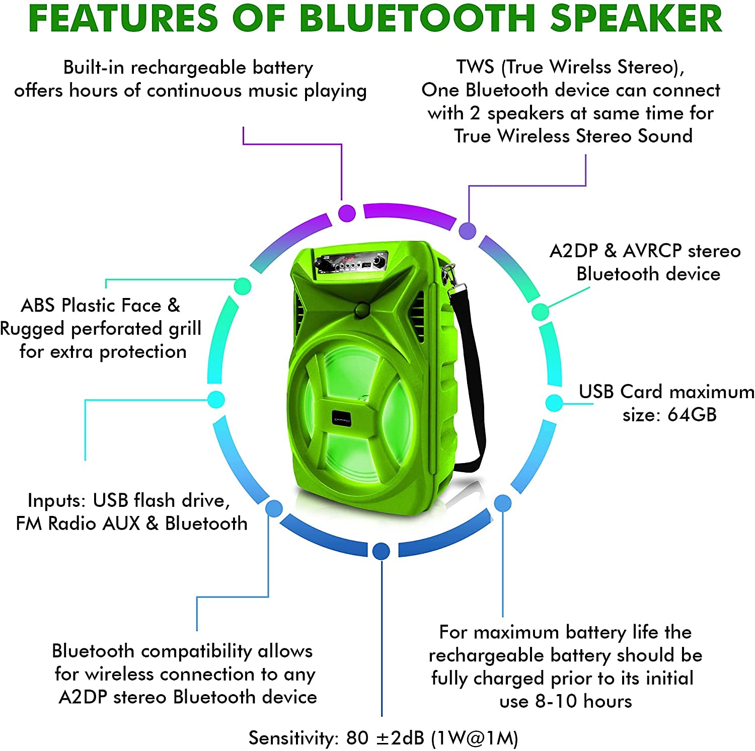 Technical Pro 500 Watts Portable 8'' Bluetooth Speaker w/Woofer & Tweeter w/Digital Processing Wired Mic, XLR to 1/4'', Karaoke