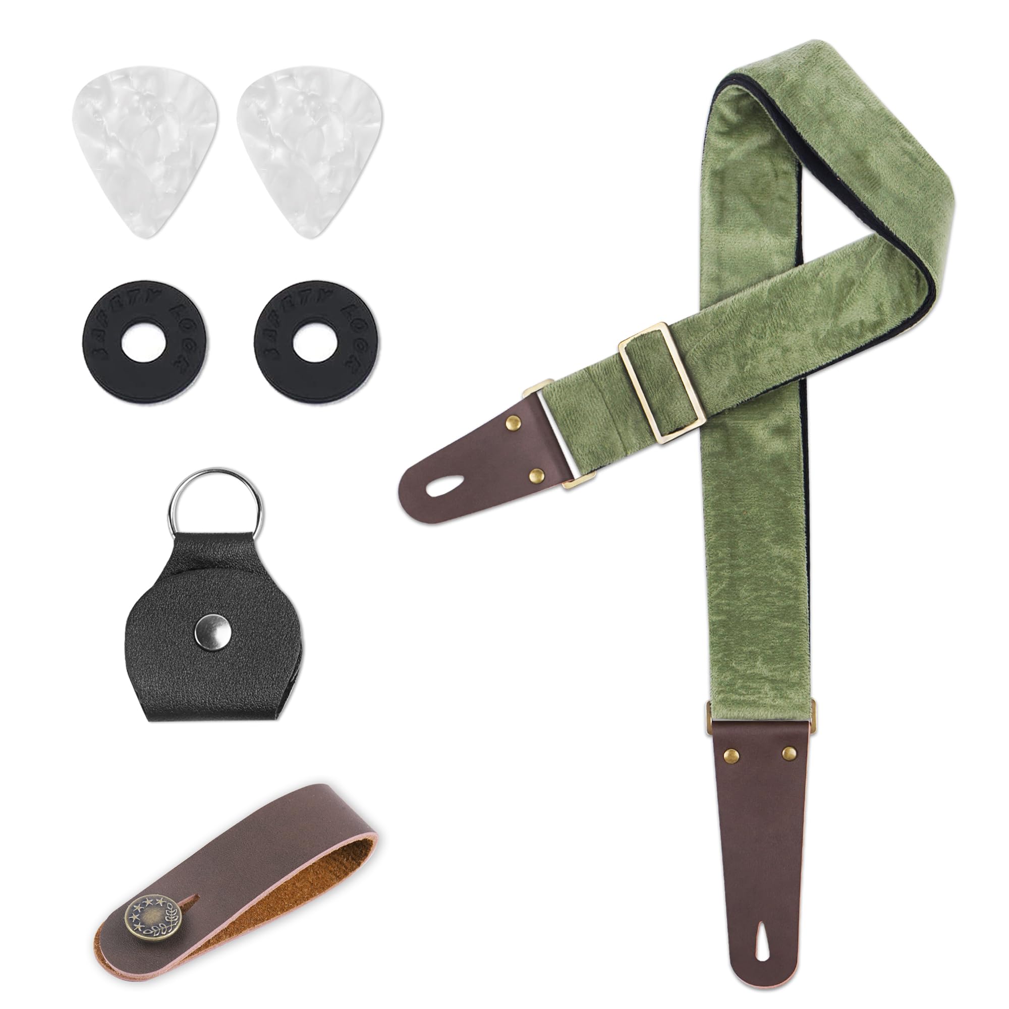 Qielizi Adjustable Guitar Strap Includes 2 Strap Locks & 2 Matching Picks & 1 Picks Holder & 1 Leather Strap Button.Leather Ends