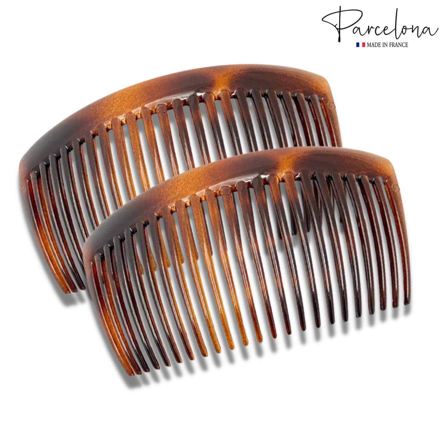 Parcelona French Glossy 23 Teeth Large 4 1/4'' Celluloid Acetate Set of 2 No Slip Grip Side Hair Combs for Women, Made in France