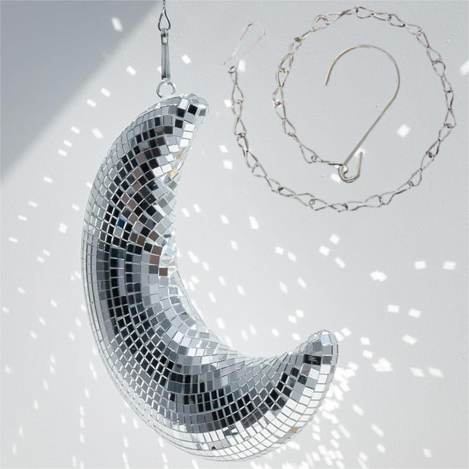 Disco Ball Moon Shaped Decor - 8 Inch Silver Sparkling Glass Mirror Rotating Balls With 20 In Chain For Party Wedding Nightclub