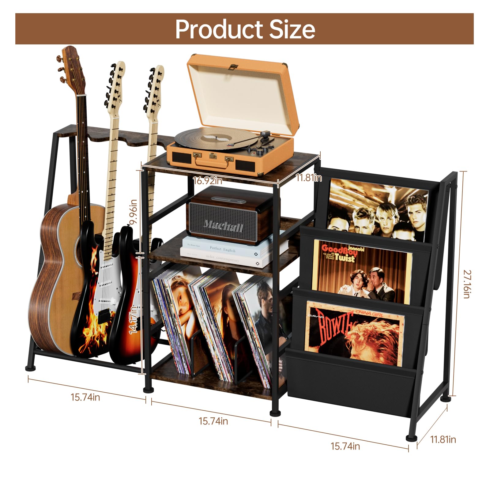 Hosfais Record Player Stand, 3 Tier Guitar Stand for Acoustic, Electric Guitar, Bass Stand, Vinyl Record Storage Up to 250 Album