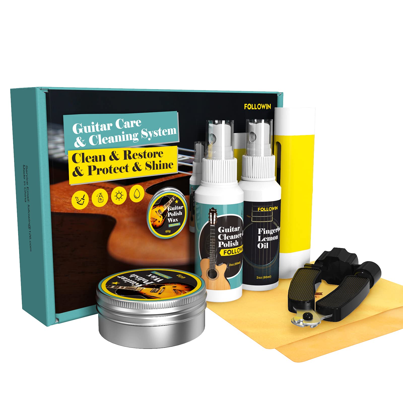 Guitar Cleaning Kit, FOLLOWIN Guitar Care System 7 Pack, Cleaner Polish, Fingerboard Lemon Oil, String Cleaner & Lubricant, Guit