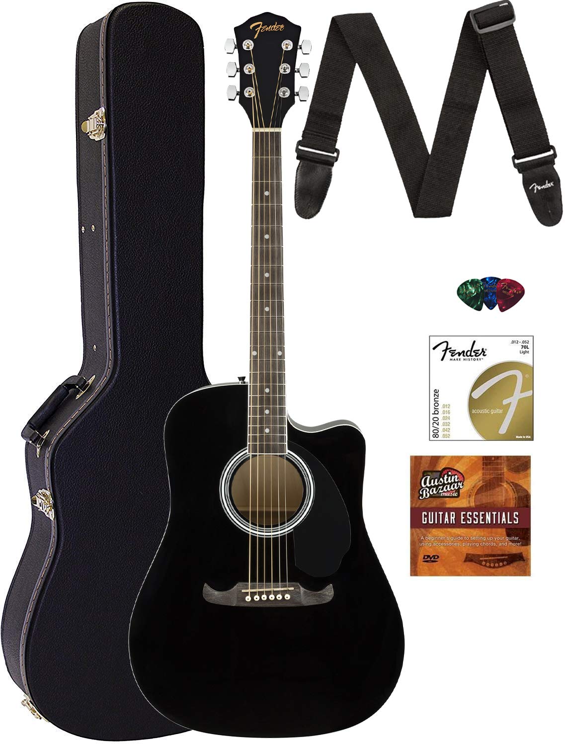 Fender Fa-125Ce Dreadnought Cutaway Acoustic-Electric Guitar - Black Bundle With Hard Case, Strap, Strings, Picks, Fender Play O