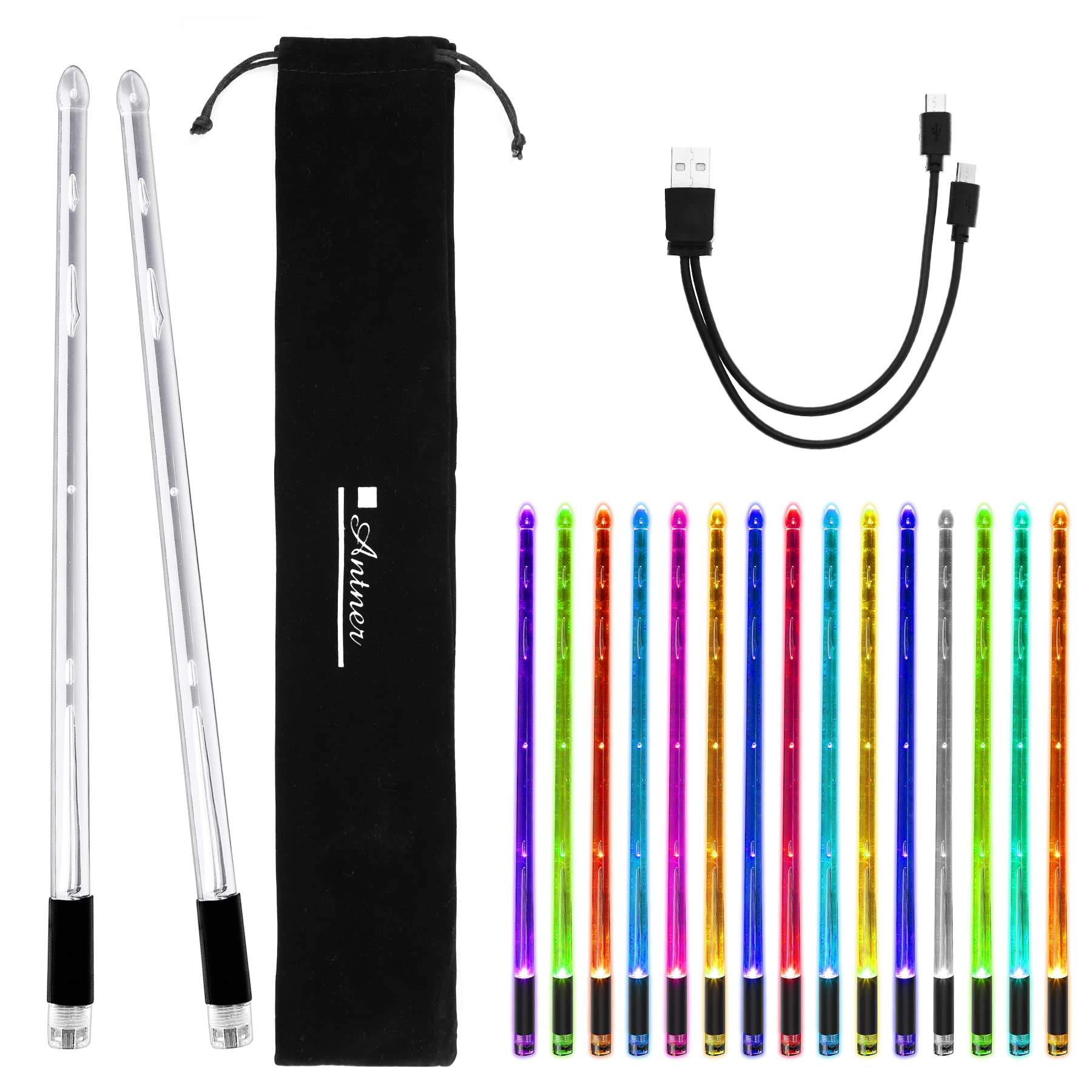 Antner Rechargeable 15 Color Changing LED Light Up Drum Sticks Glow In The Dark Cool Drumsticks with Storage Bag for Adults Drum