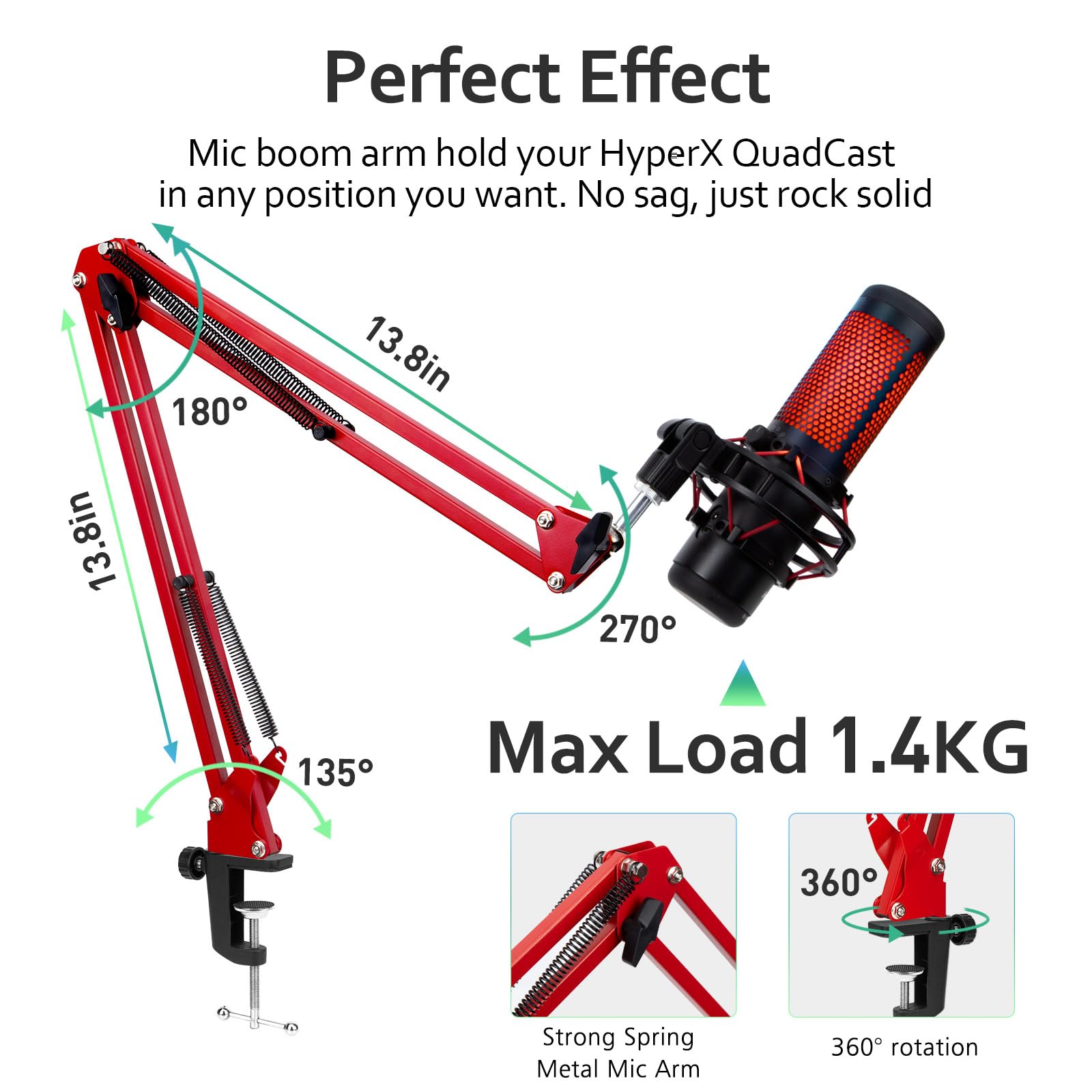For HyperX Quadcast Boom Arm - Upgraded Mic Arm with Reduce Wind Noises Mic Foam Cover, Red Boom Arm for Hyperx Quadcast, 3/8''