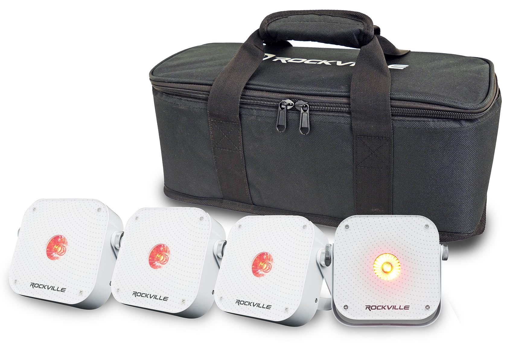 Rockville 4 Pack MINI RF1 V3 White LED Wash Up Light, RGBWA+UV, Compact, App, Remote, LCD, Wireless DMX, Rechargeable, Perfect f