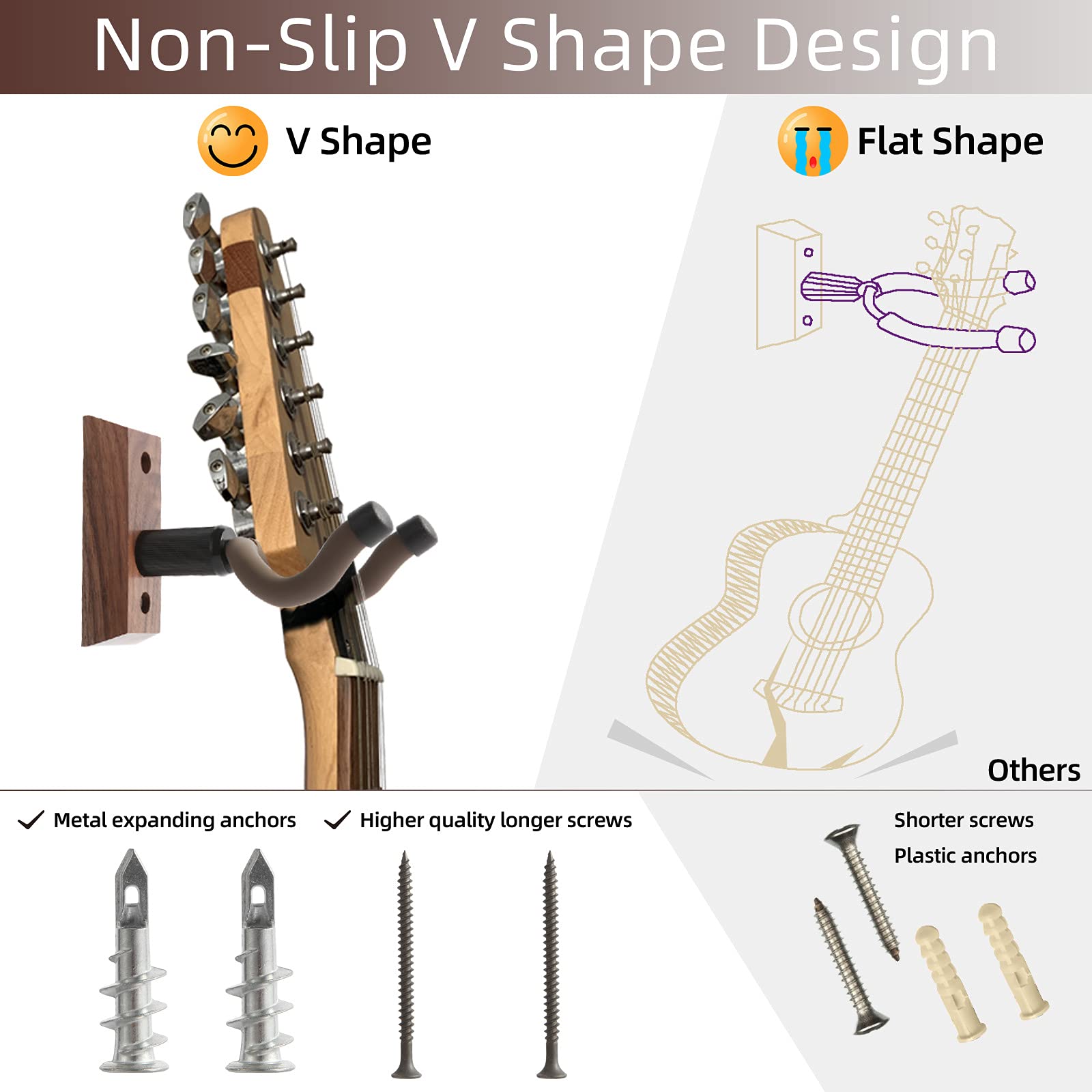 Guitar Wall Mount, Guitar Wall Hanger hook Bracket Holder for Acoustic and Electric Guitars Bass Banjo Mandolin, Black Walnut Wo