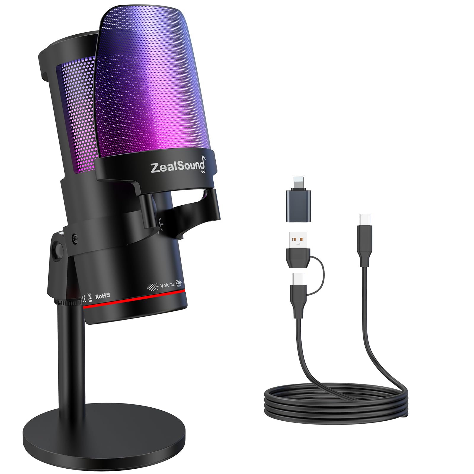 ZealSound Gaming USB Microphone,Noise Cancellation Condenser mic with RGB Light,Touch Mute,Gain,Monitoring for Streaming, Podcas