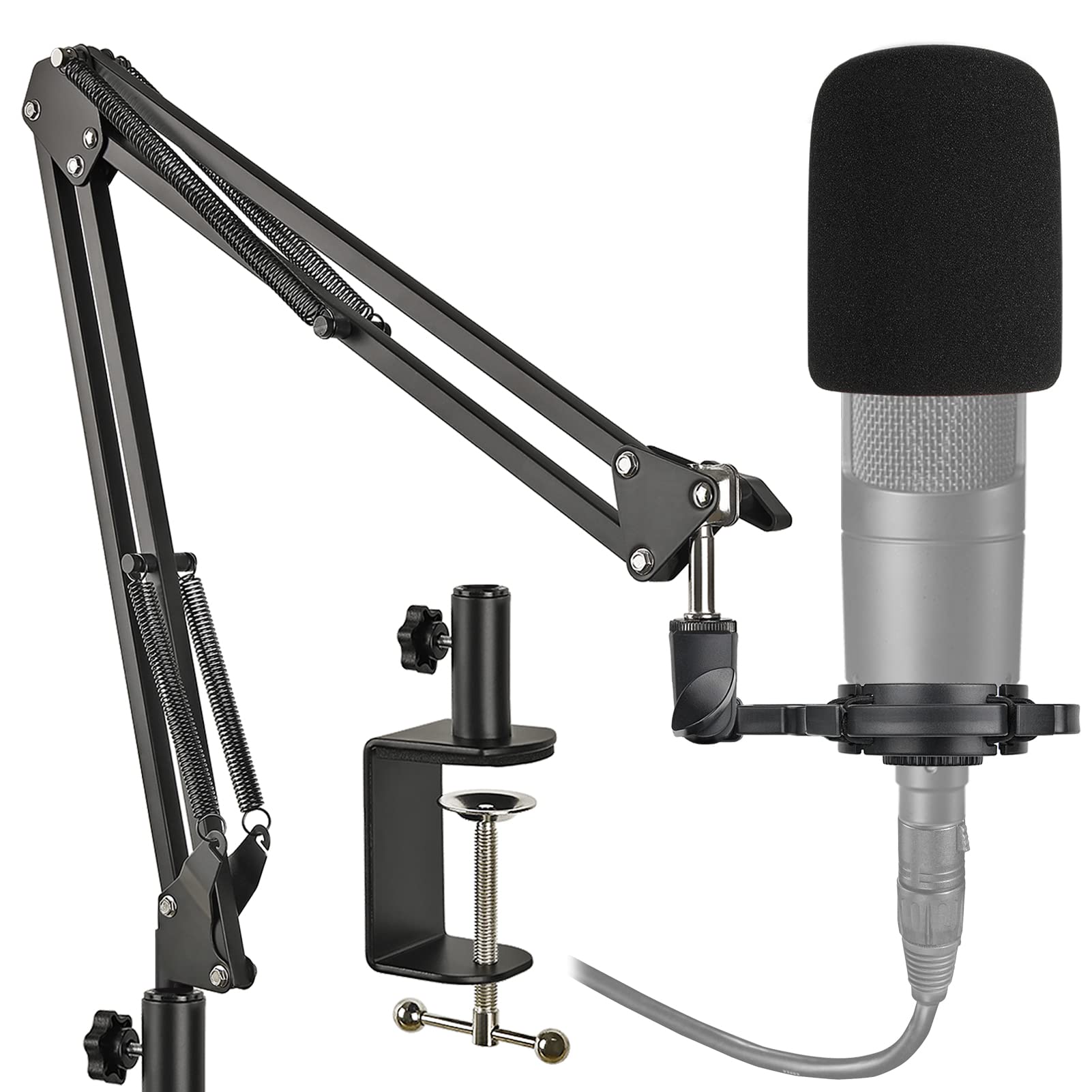 Frgyee Microphone Stand With Shock Mount And Foam Windscreen, Mic Boom Arm With Upgraded Heavy Duty Clamp For Audio Technica At2