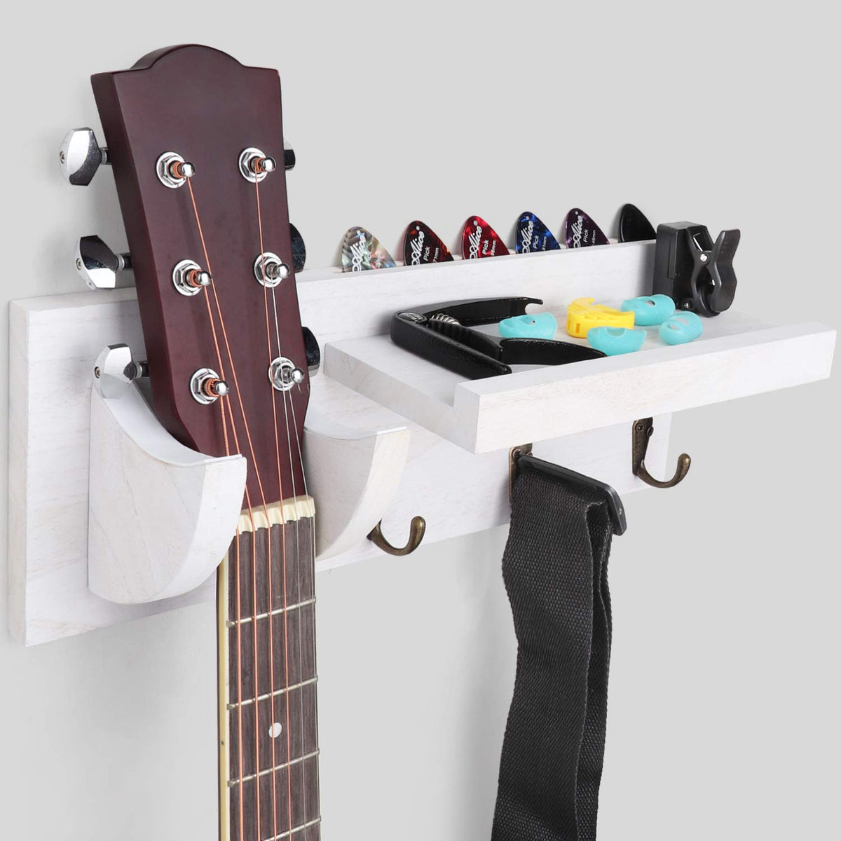 Bikoney Guitar Wall Hanger Guitar Holder Wall Mount Bracket Hanger Guitar Wood Hanging With Pick Holder And 3 Hooks Vintage Whit