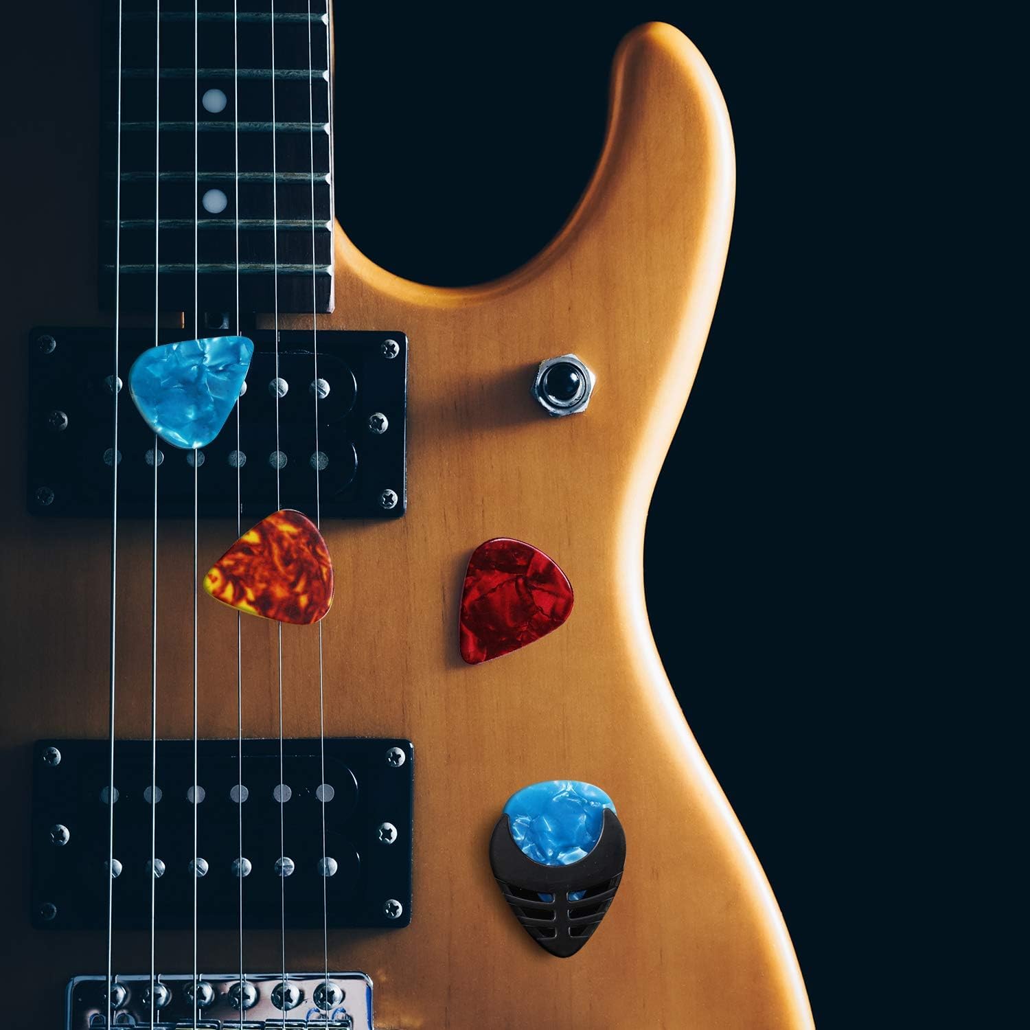 MUSTANG Guitar Picks & Holder - Easy Paste, Suitable for Acoustic, Electric, Bass & Ukulele - Stick-on Holder + 10 Pcs Multicolo