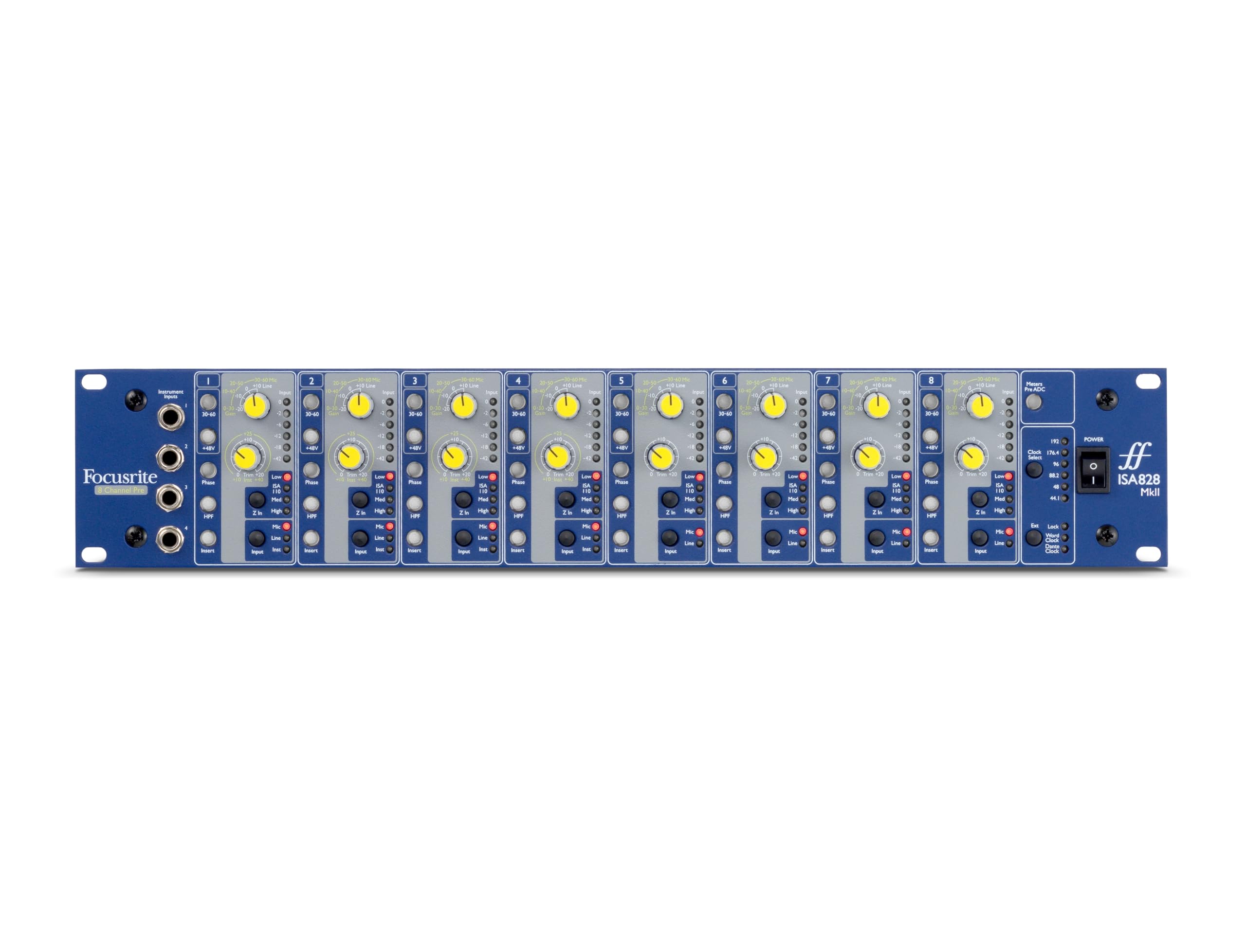 Focusrite ISA828 MkII Heritage 8-channel rackmount mic preamp with with variable impedance selector and four instrument inputs