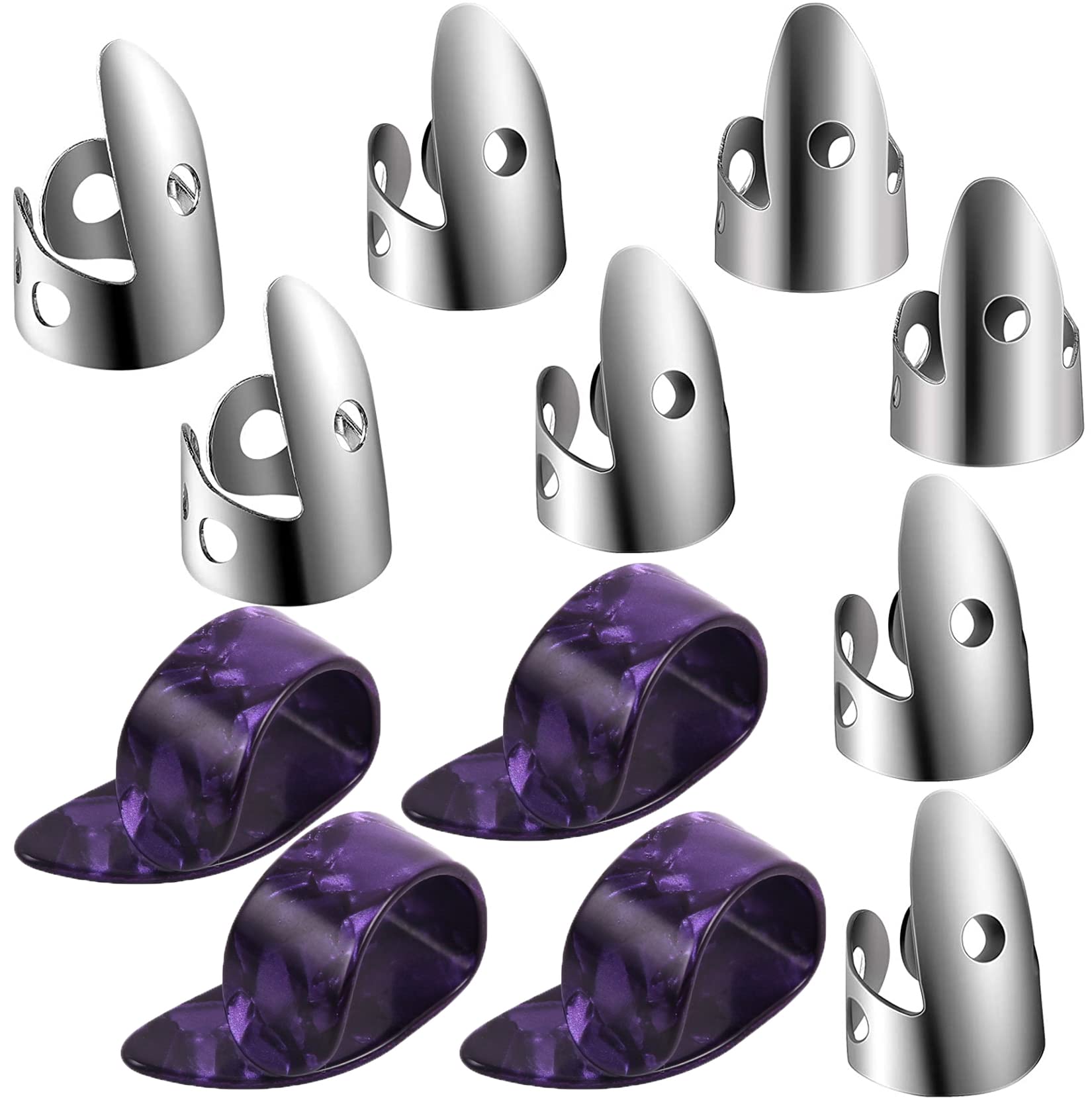 12Pcs Adjustable Finger Thumb Picks Set Includes 8Pcs Silver Stainless Steel Finger Picks And 4Pcs Plastic Thumb Picks For Guita